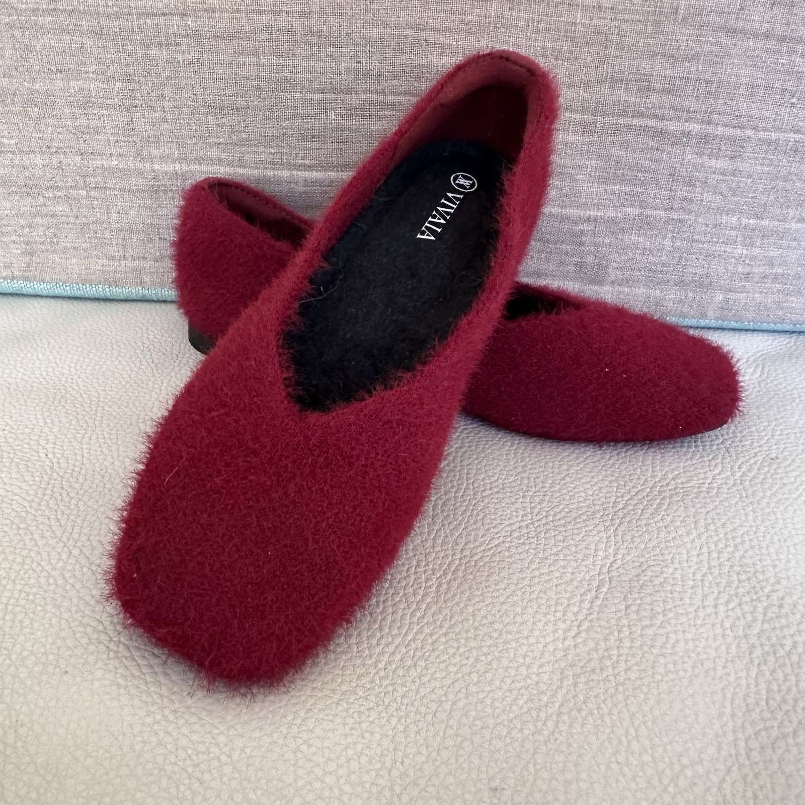 Vivaia Square Toe Recycled Mink K Faux Fur Flats Margot 2.0 Maroon 35.5 US 5.5