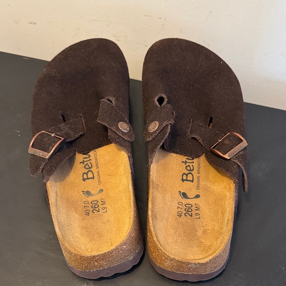 Birkenstock Betula Dark Brown Suede Clogs with Buckle