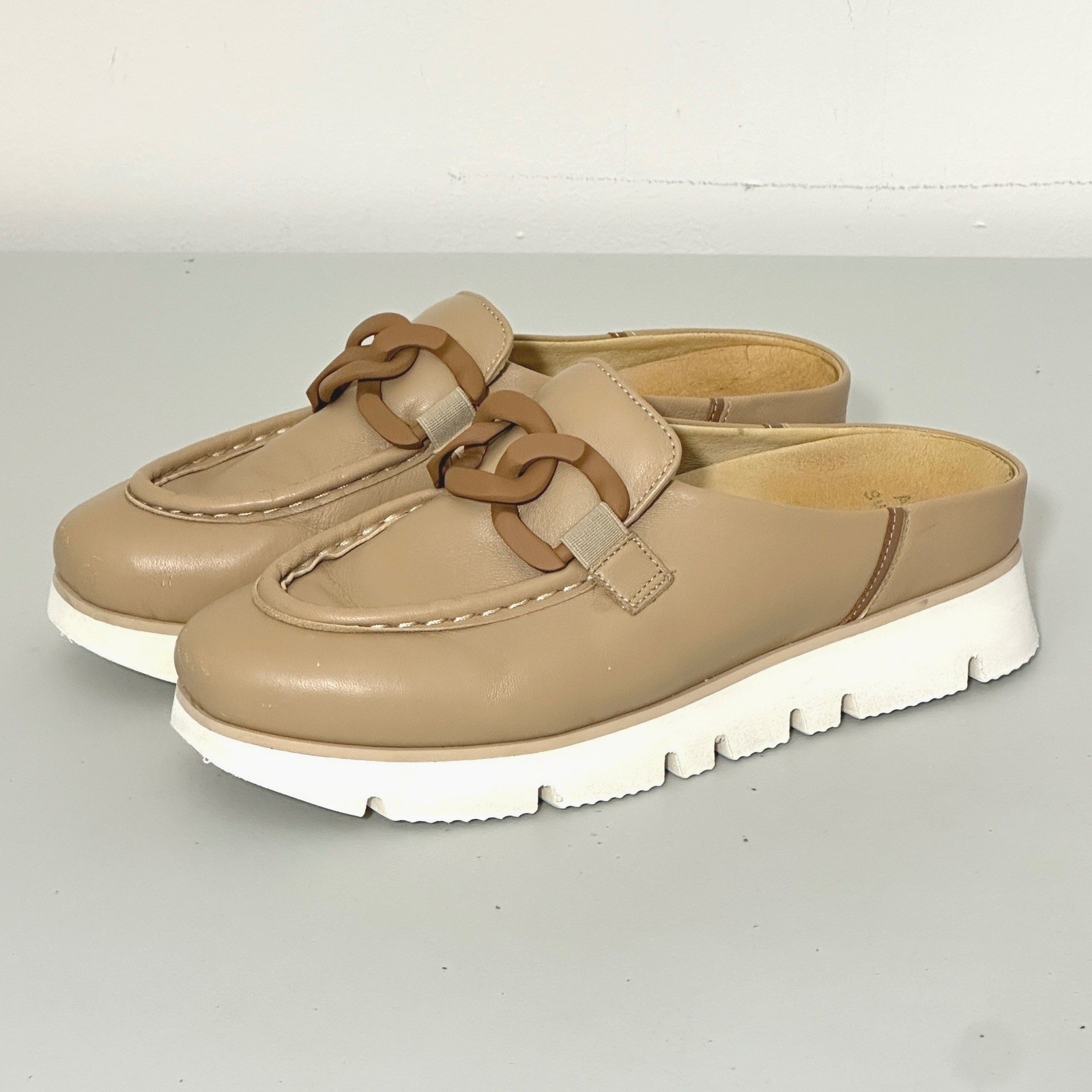Softwaves Carrie 36.5 EU 6.5 US Tan Leather Chain Platform Mules Neutral Comfort