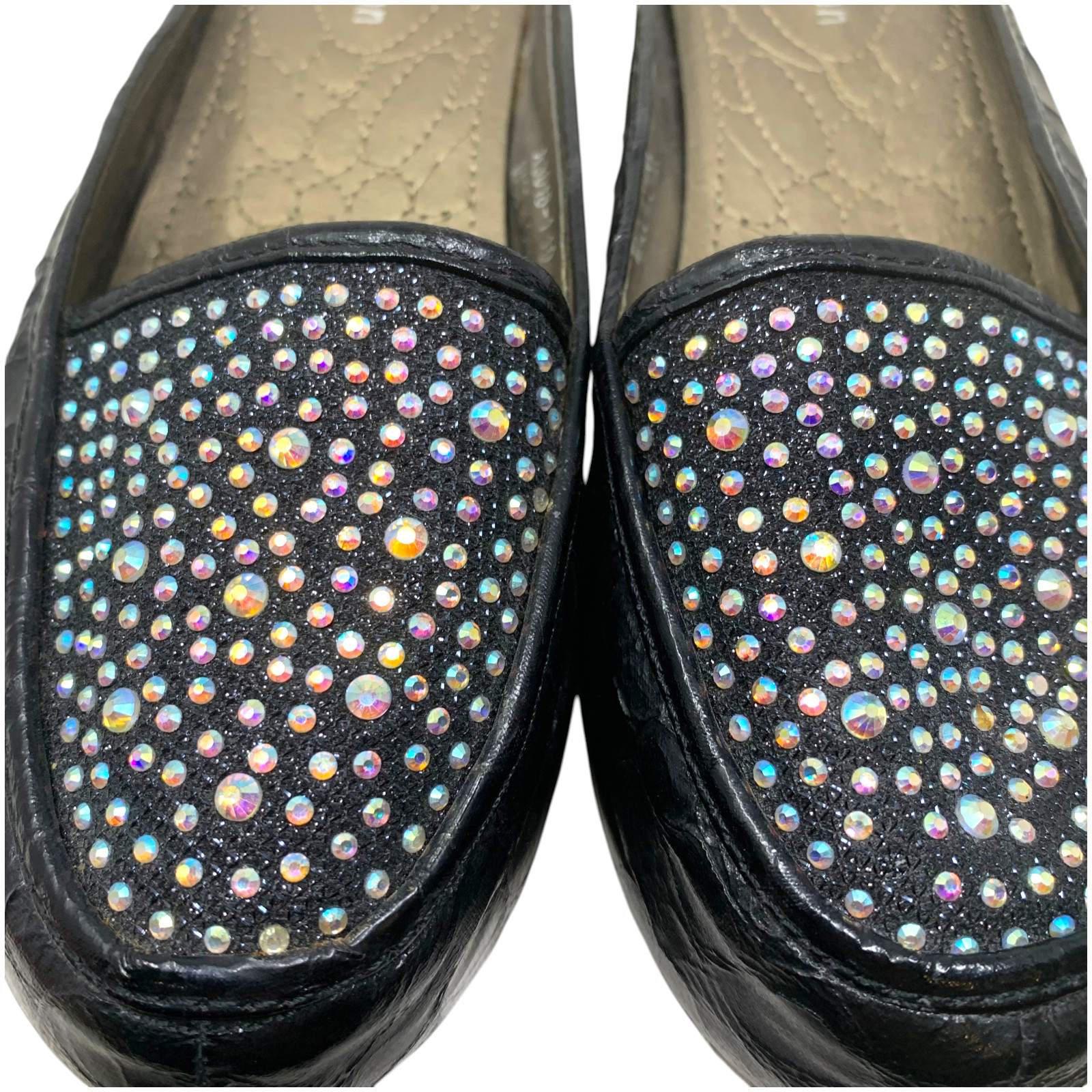 John Fashion Black Rhinestone Mule Slides Flatform Sparkle AB Crystal Sz 10