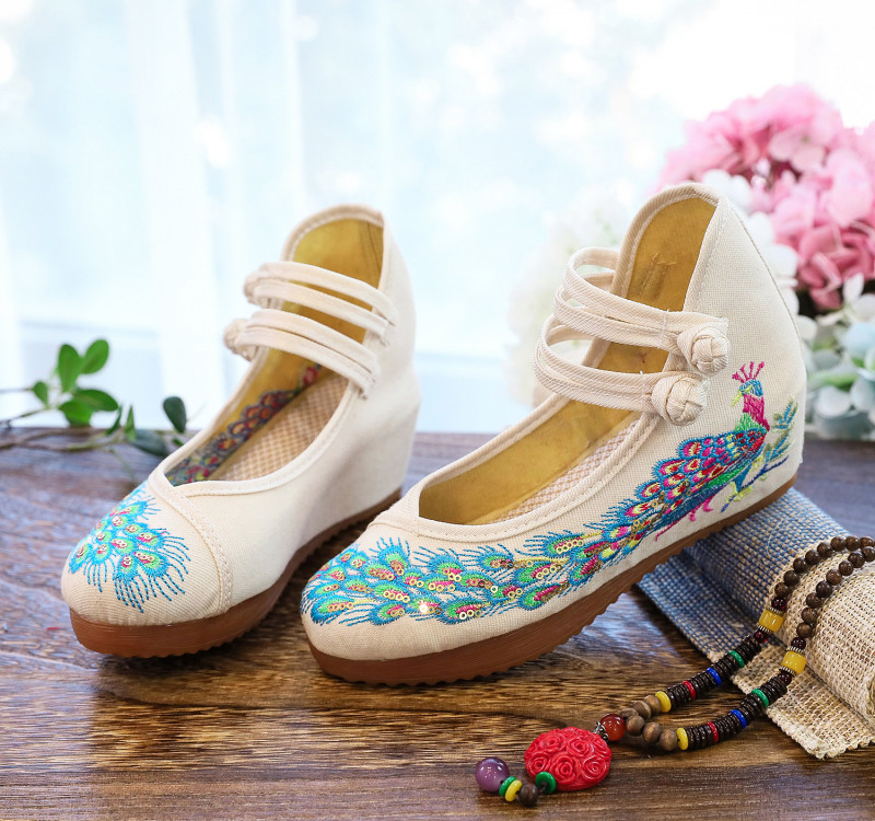 Fashion Women’s Peacock Blue Embroidered Cloth Shoes Hidden Heel Shoes Retro Sz