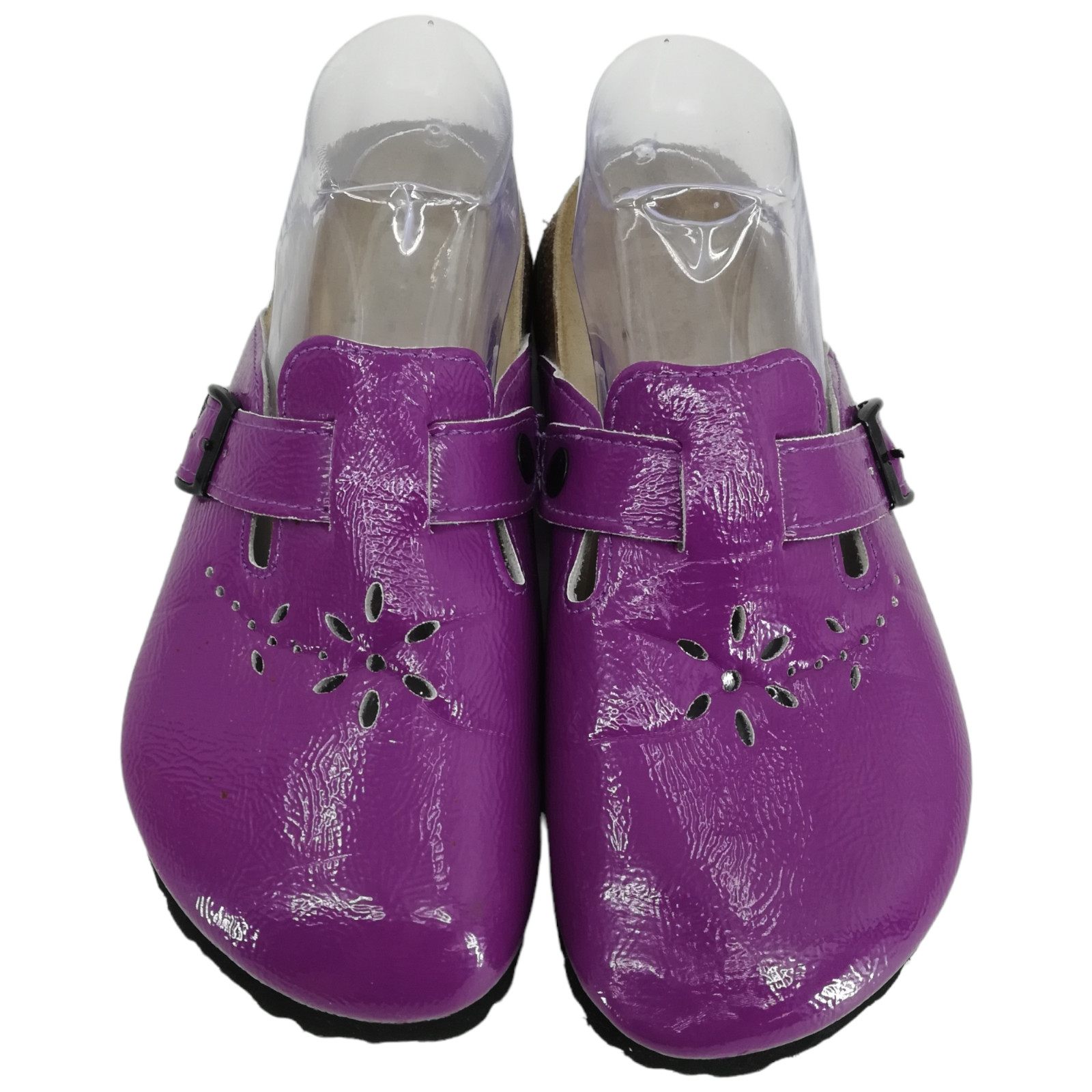 Betula Birkenstock Purple Slip On Leather Clogs Size 38 US 7 Flower Perforated