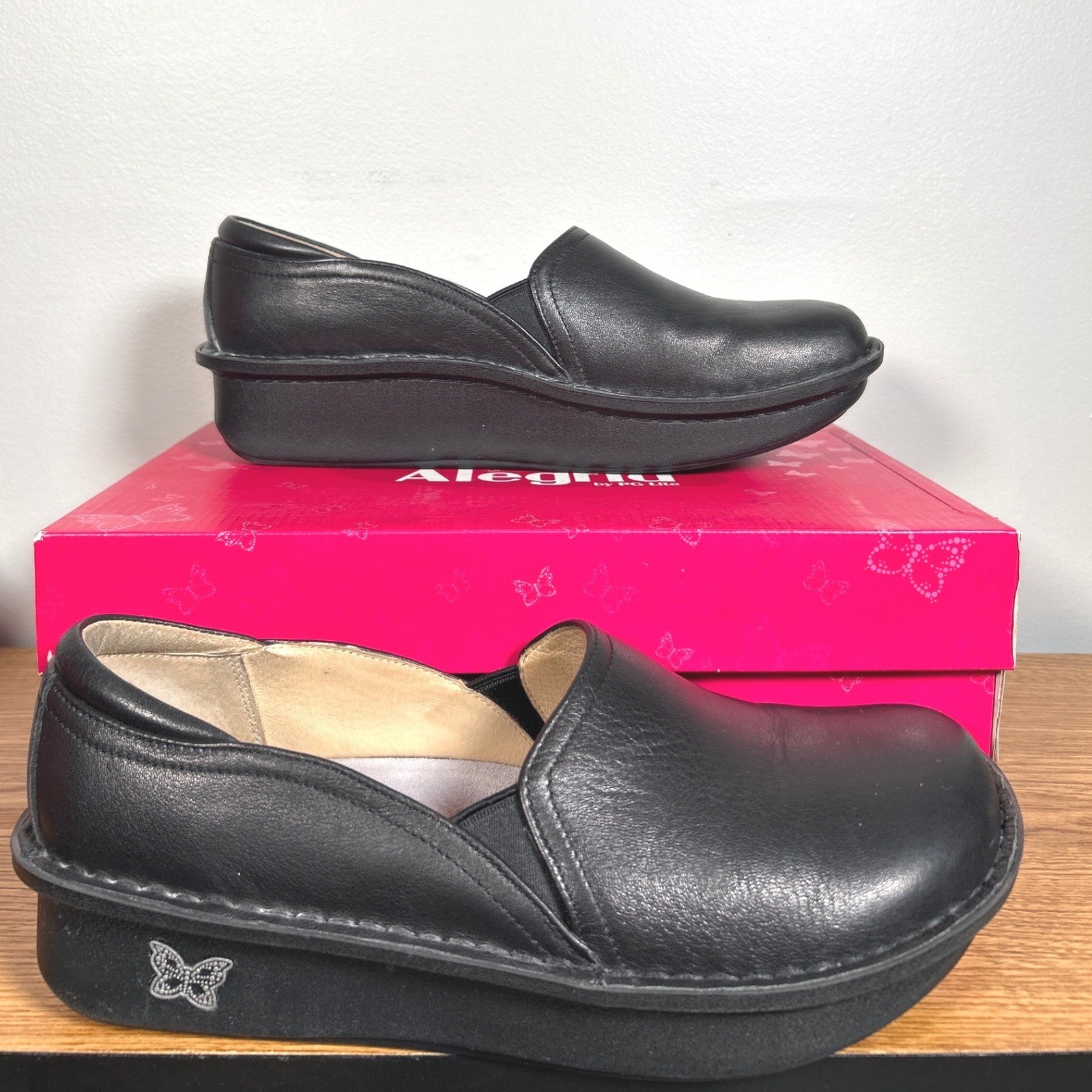 Alegria Debra Black Leather Professional Clogs Nursing Shoes Womens Sz 9.5-10