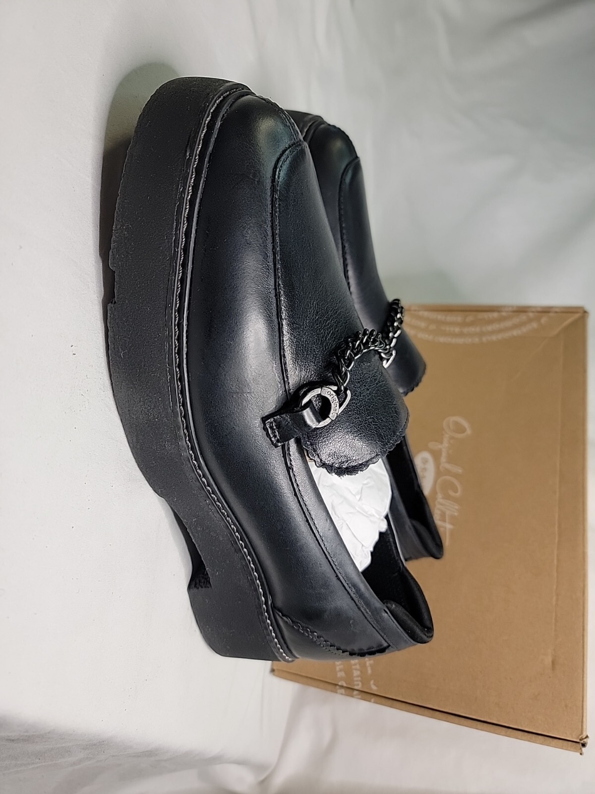 Dr Scholls Venus Black Leather Womens Loafer Size 9.5 With Chain Detail