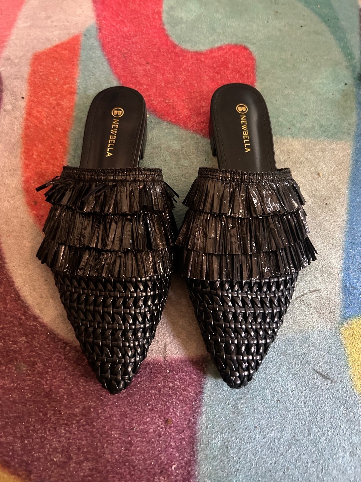 Newbella Black Woven Pointed Toe Slip-On Flats with Fringe Detail