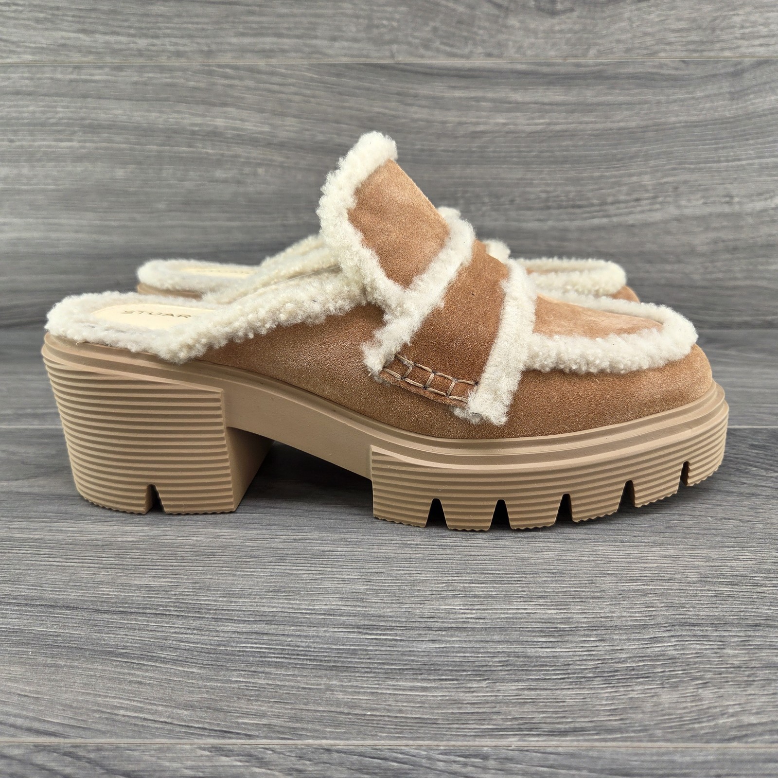 Stuart Weitzman Lennox Size 9 Womens Camel Natural Caramel Brown Shearling Mule
