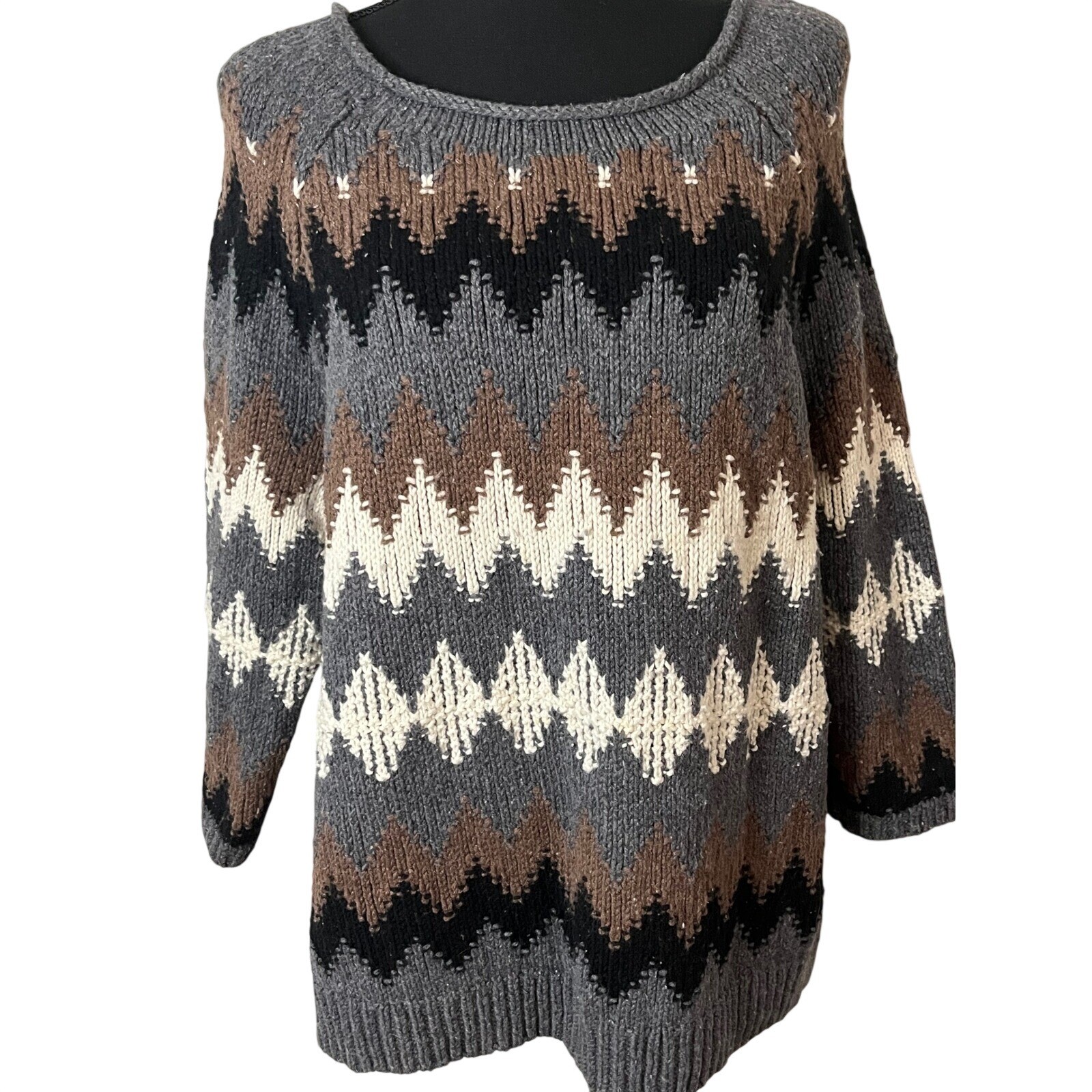 J Jill Gray Jacquard Chevron Knit Sweater Women Size Large Fall Winter Classic