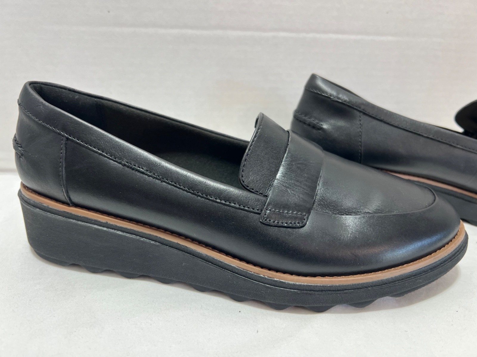 Women’s, Clarks Sharon Gracie Loafers ,9 .5 W, Black, Leather Wedge Shoes