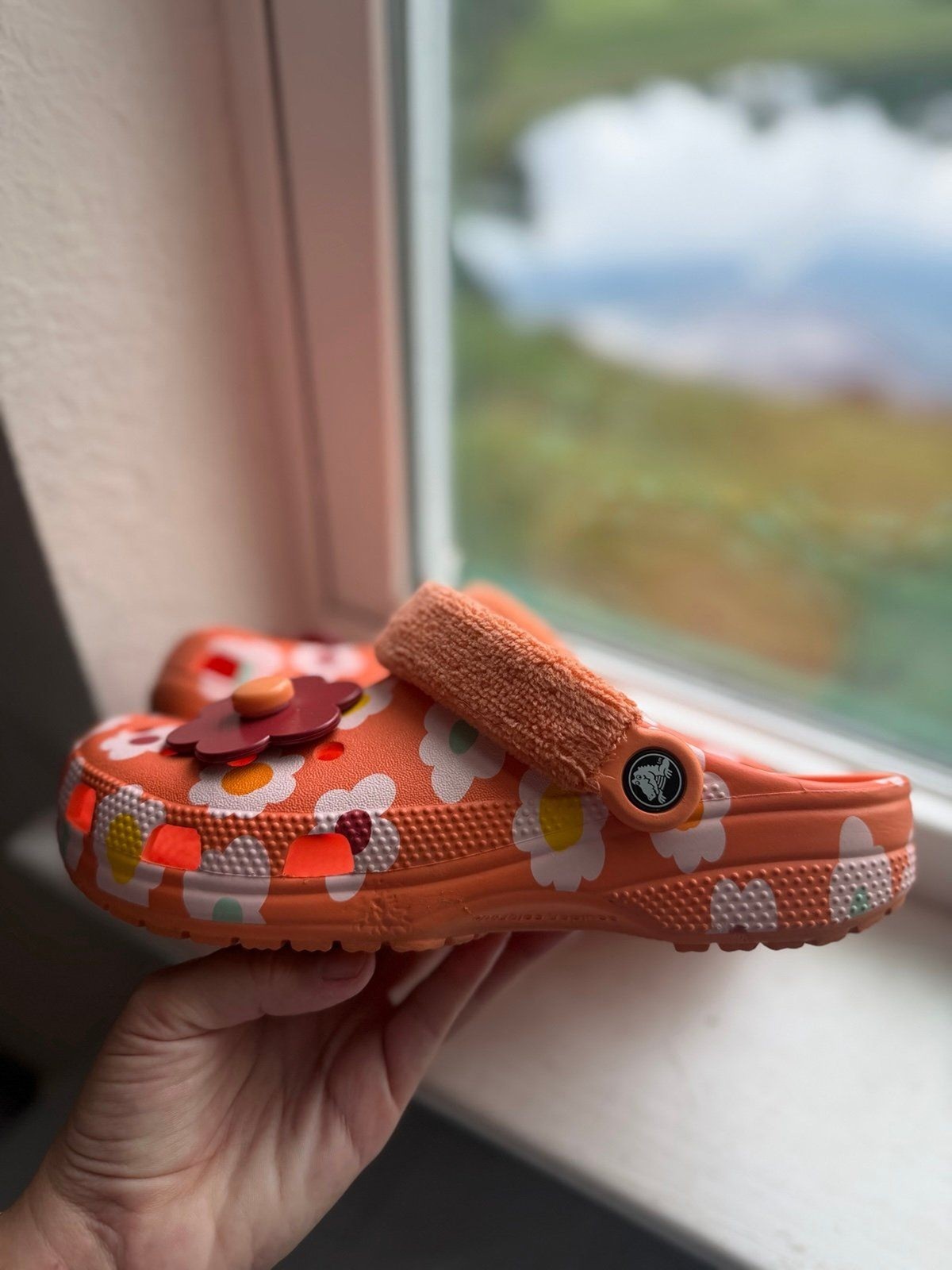 Crocs Zen Garden Sensory Orange Floral Terry Cloth Classic Clogs M 7 | W 9