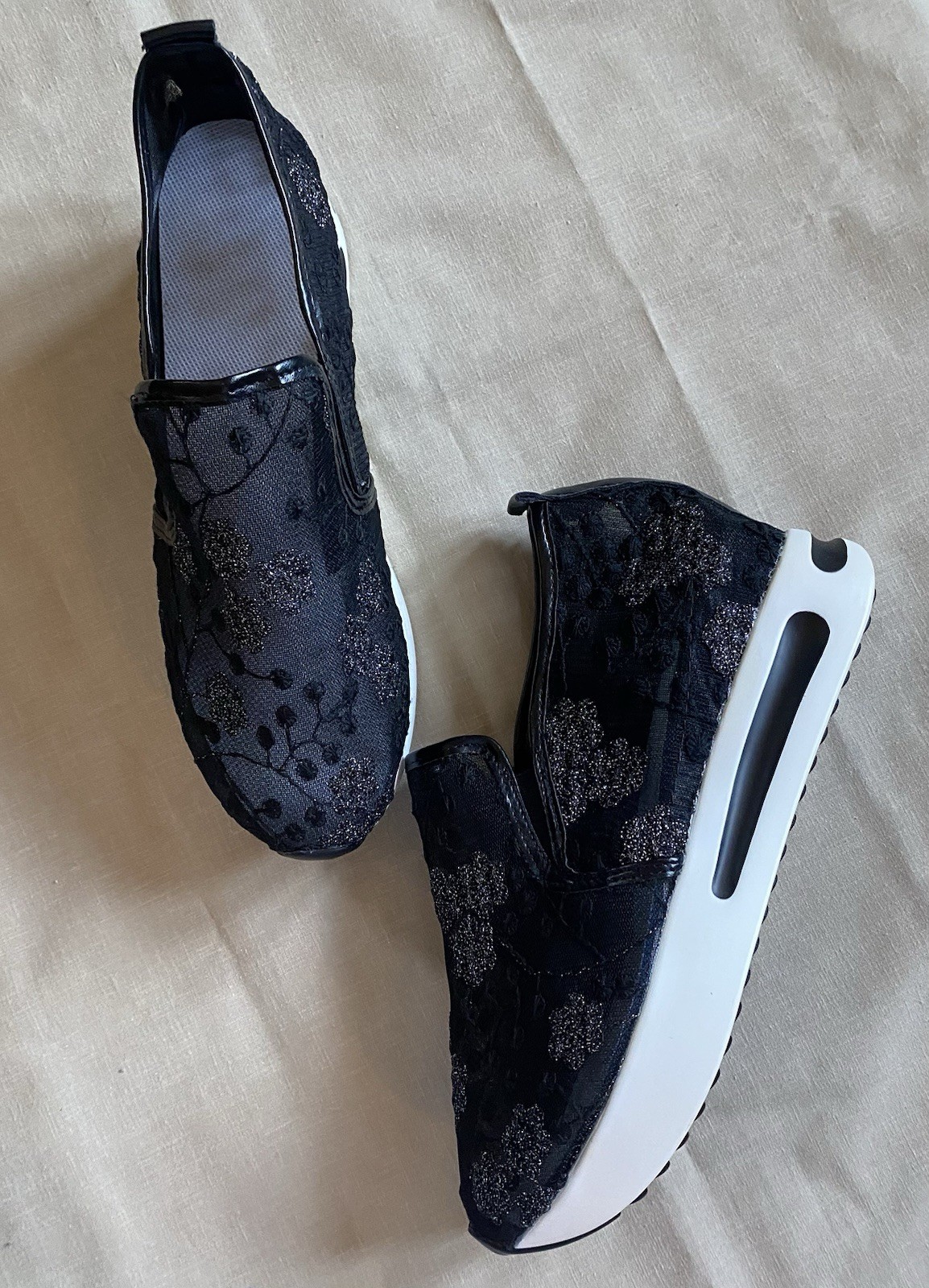Black Floral Lace Platform Sneakers Slip On Air Cushion Mesh Shoes Size 43 / 11