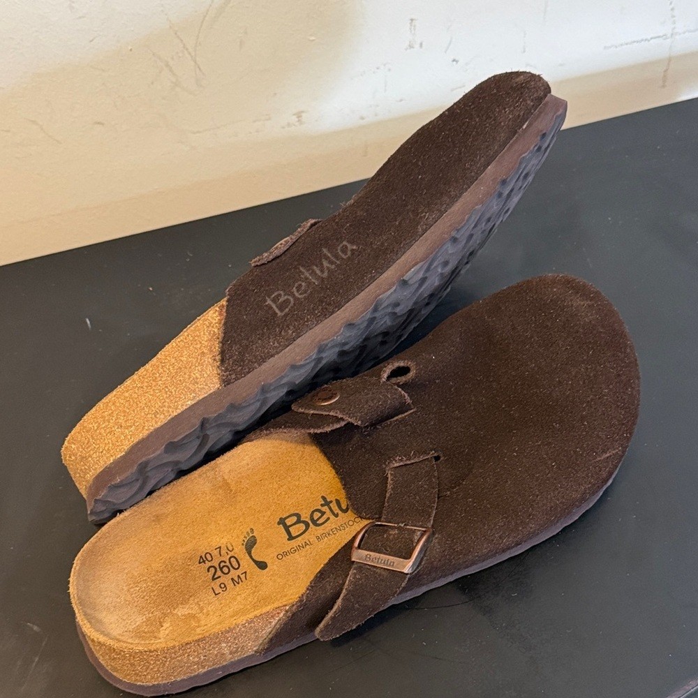 Birkenstock Betula Dark Brown Suede Clogs with Buckle
