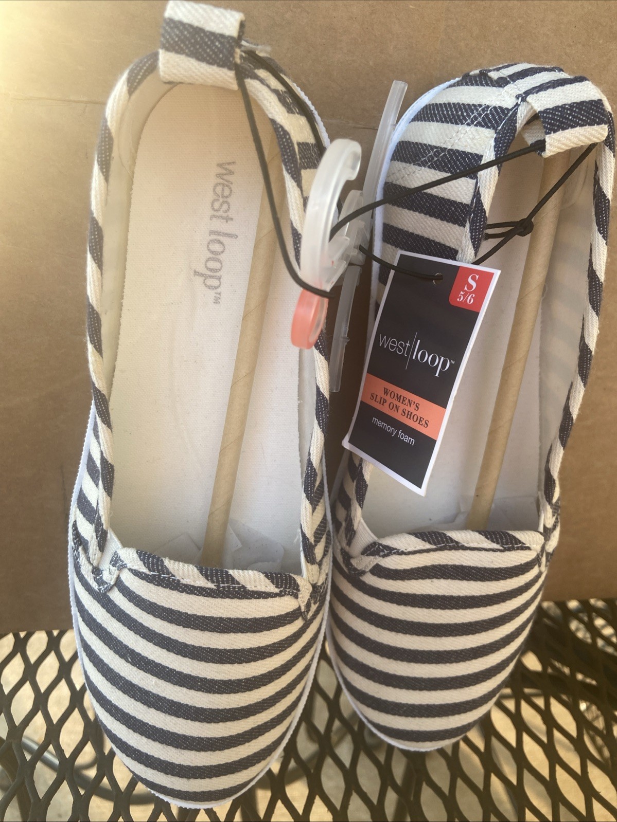 West Loop Navy White Canvas Stripe Small 5/6 Women’s Slip On Memory Foam Shoes