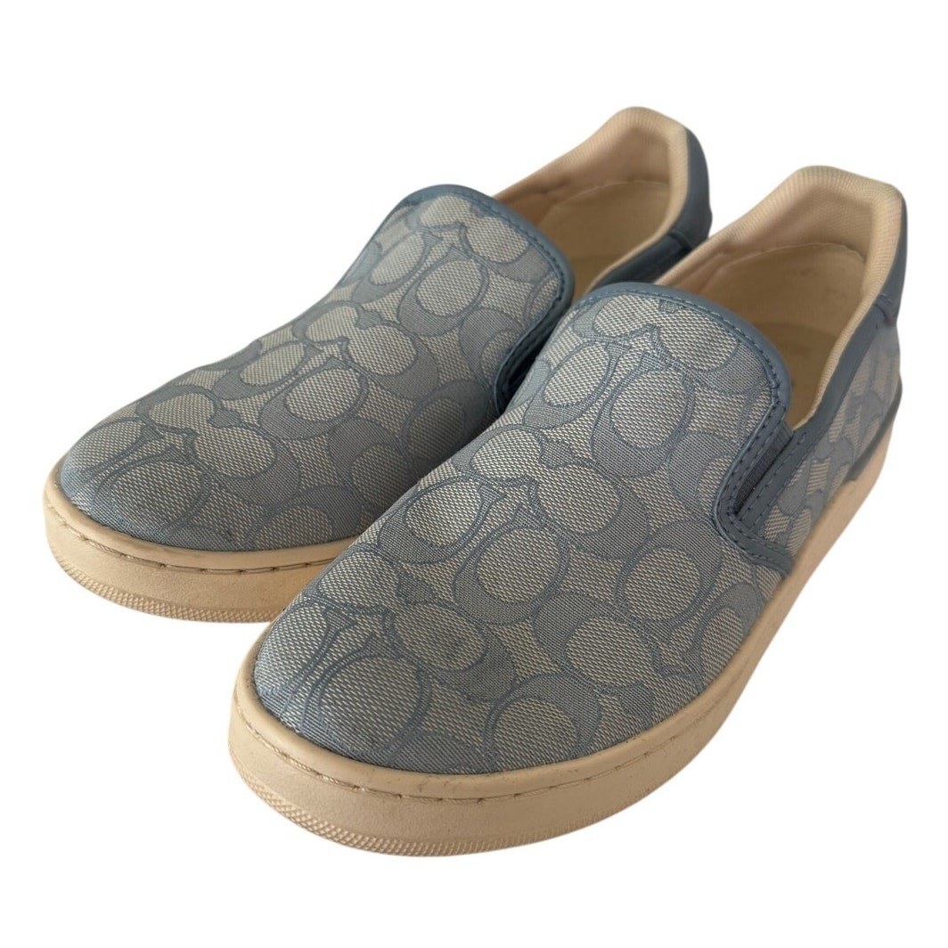 Coach Lt Blue Signature Monogram Slip On Sneakers 7.5 Y2K Leather Trim Casual