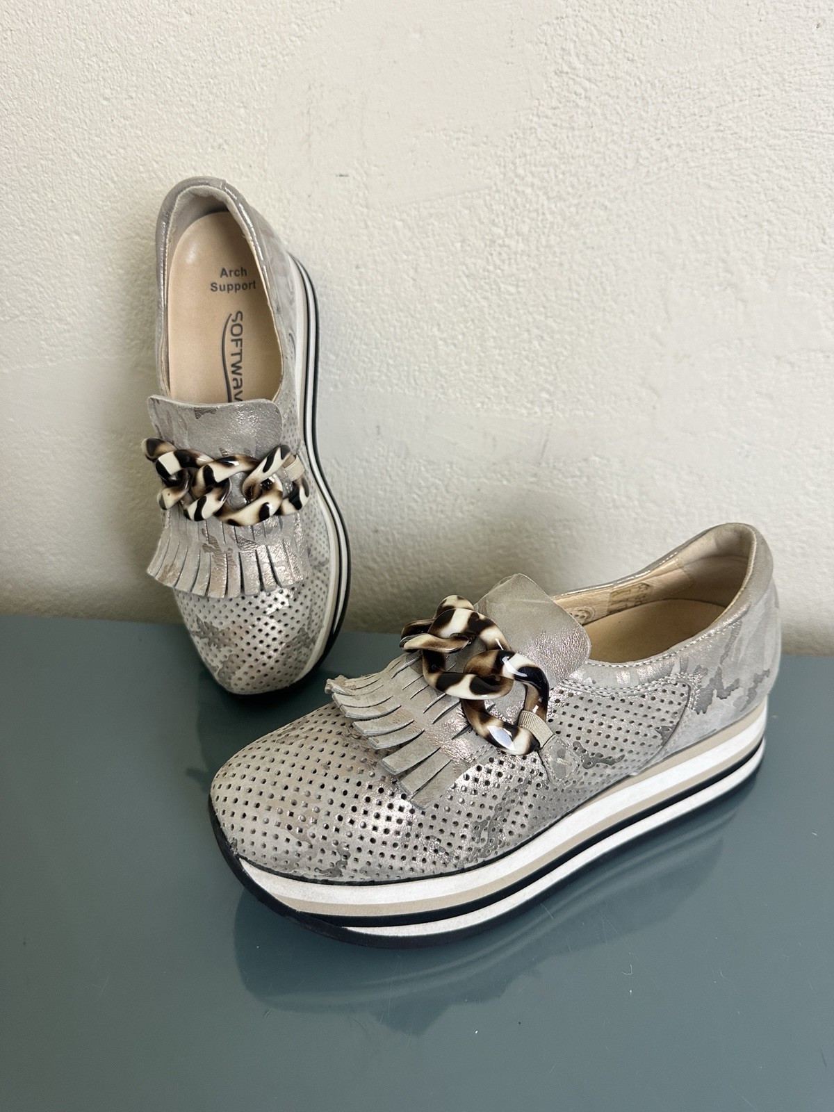 Softwaves Cadie Silver Camo Metallic Tassel Loafer Platform Sneakers Shoes 36.5