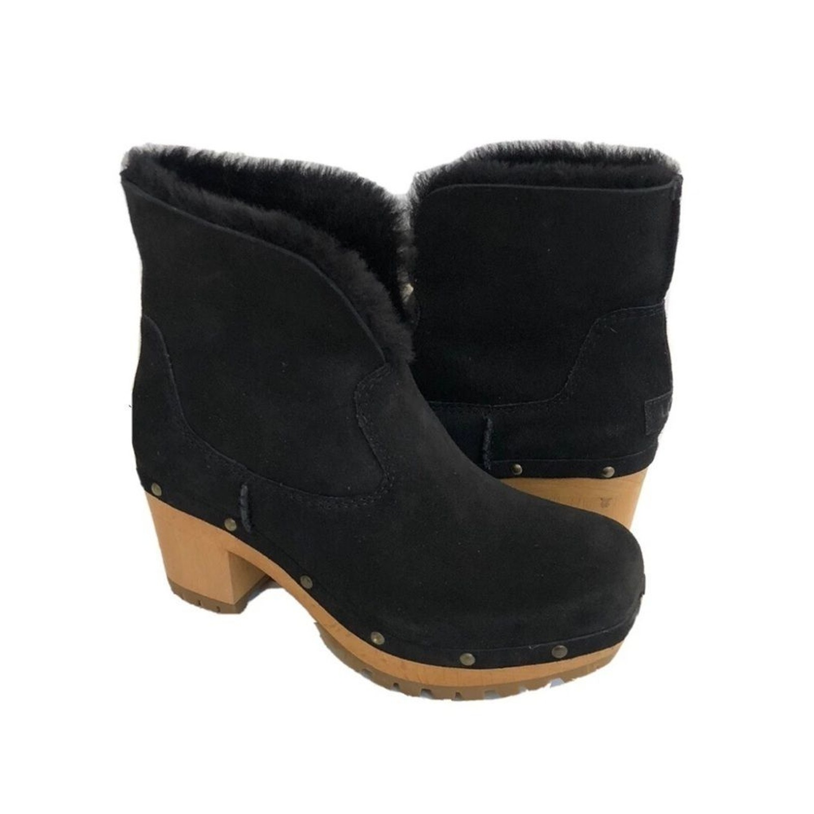 UGG Thebes Black Suede Clog Wooden Bootie Mules with Faux Fur Trim Size 5