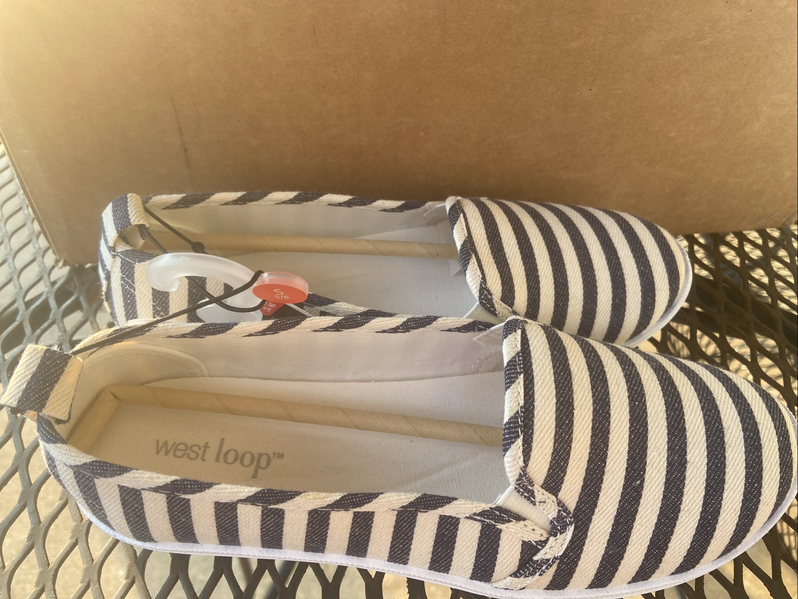 West Loop Navy White Canvas Stripe Small 5/6 Women’s Slip On Memory Foam Shoes