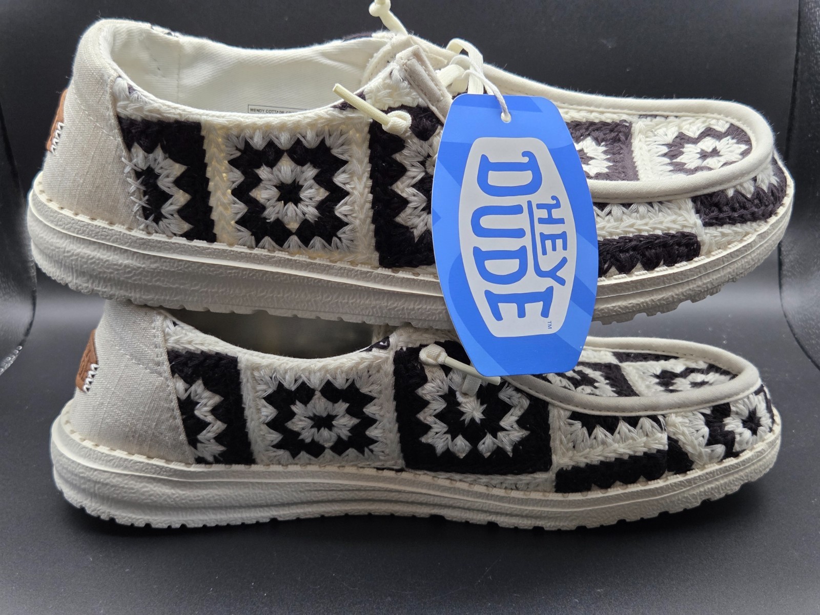 HEY DUDE Wendy Cottage Crochet Black Multi Slip On Shoes Sneakers Women’s 9 NEW