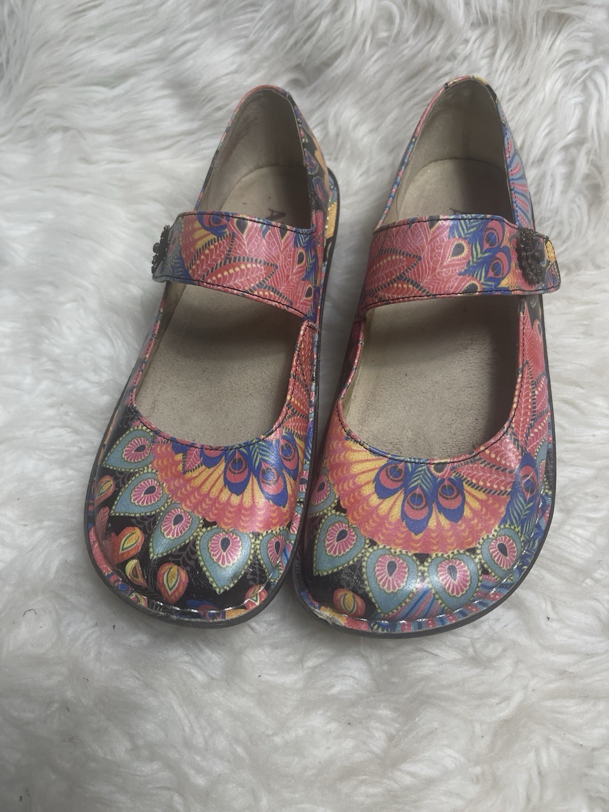 Alegria Paloma Mary Jane leather in Pink & Multicolor Peacock Print EUR SZ40