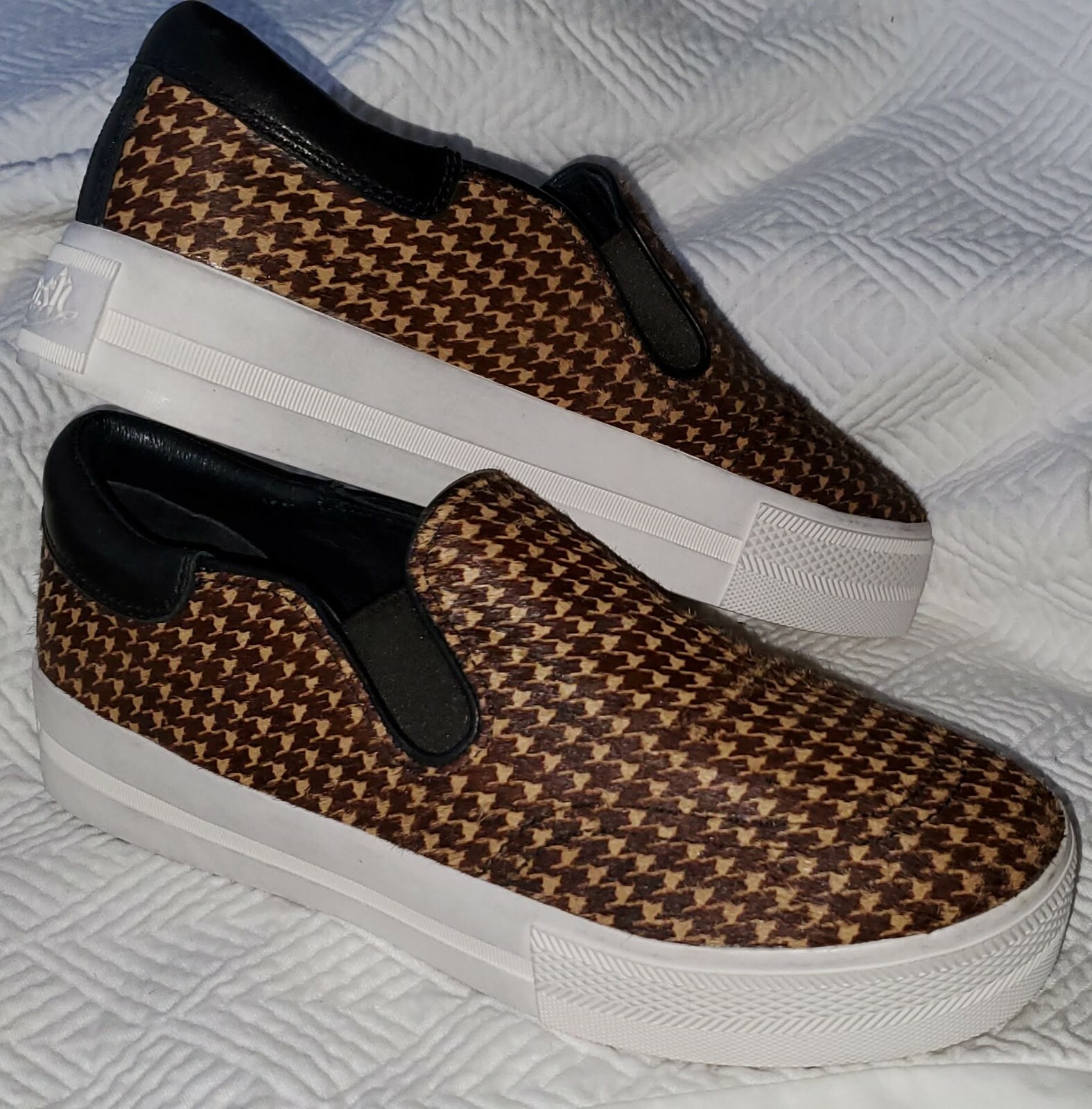 ASH Jam EU 40 US 9.5 PLATFORM SNEAKERS Pony Hair Black~Brown Houndstooth SlipOn