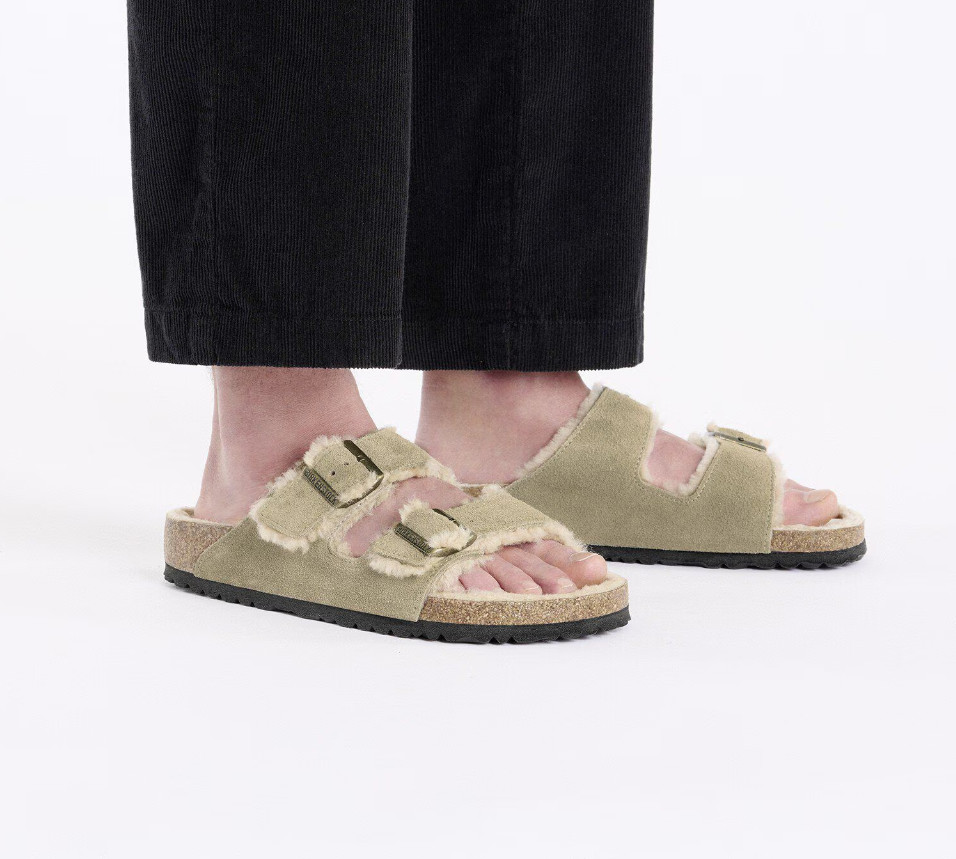 Birkenstock Arizona Shearling Suede Leather in Taupe Platform Two-Strap Sandals