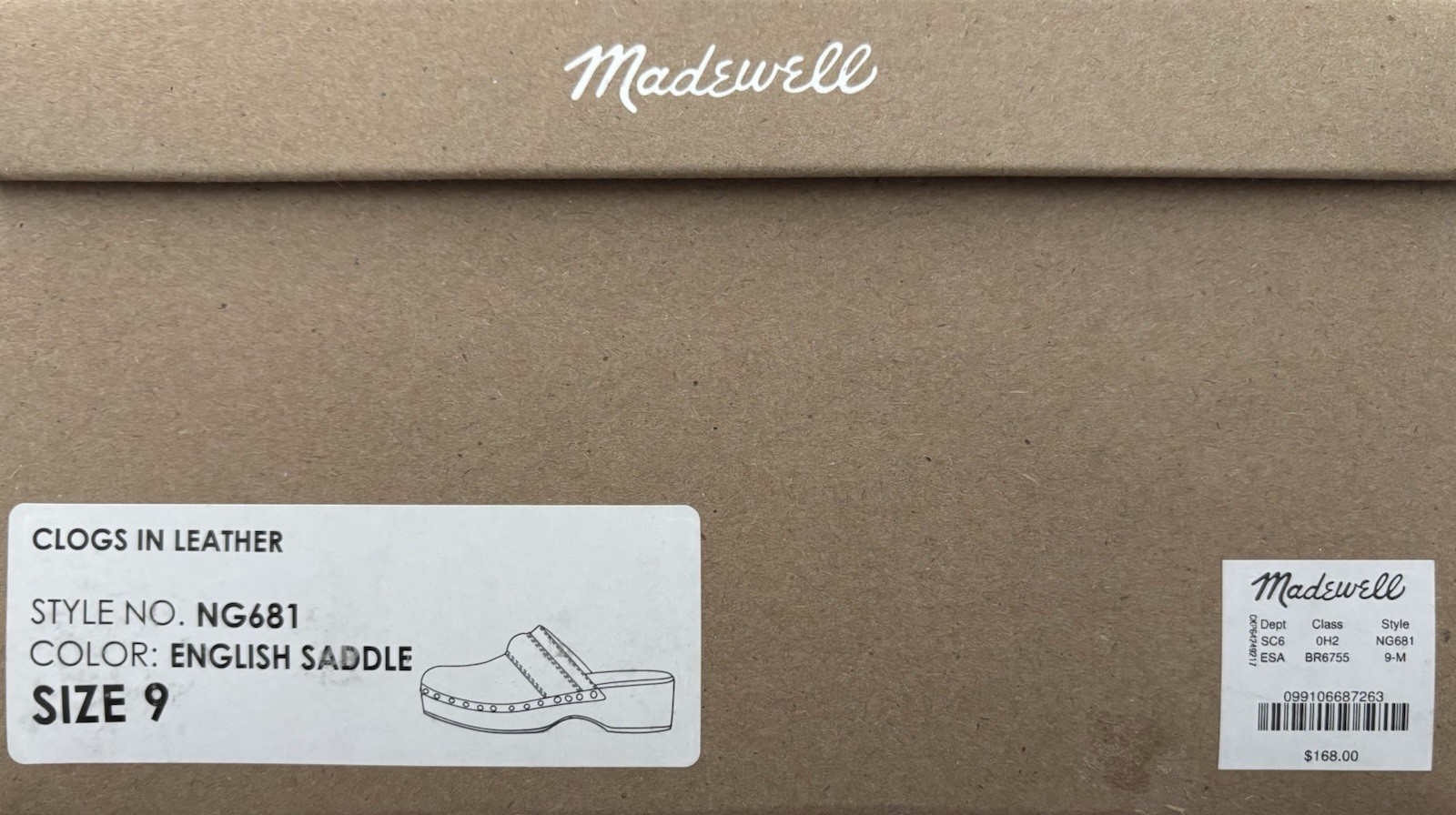 New with Box Madewell Leather Clogs, English Saddle brown, Women’s Size 9