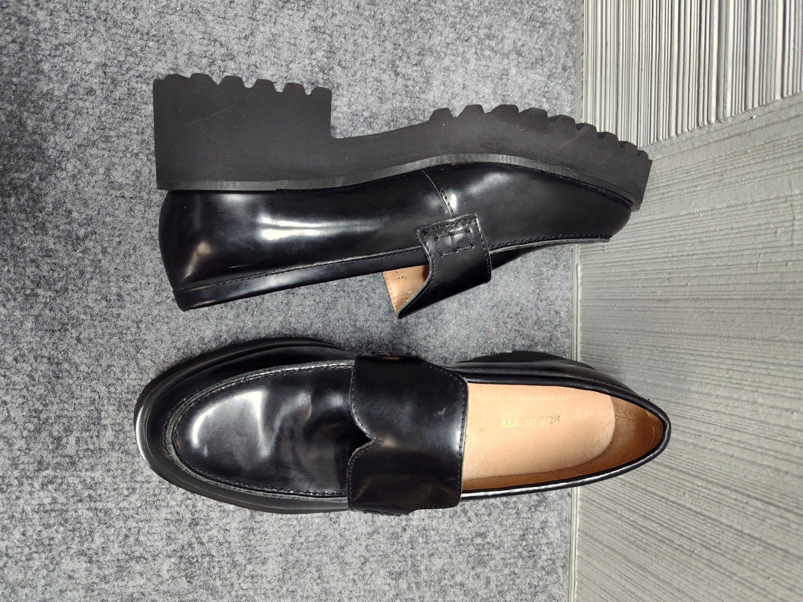 ALL BLACK Women Loafer 37 US 6 Black Patent Leather Slip On Chunky Platform Shoe