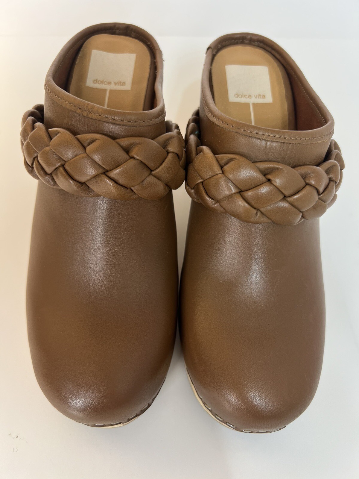 Dolce Vita Hila Braided Heel Saddle Leather Brown Mule Clog New Size 8.5