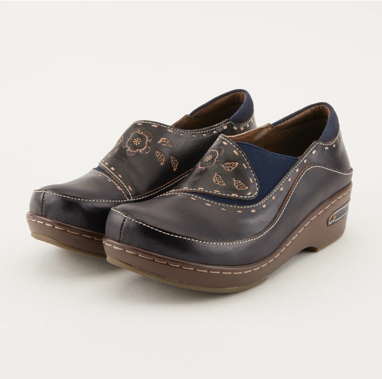 Urban Outfitters Blue and Brown Leather Mules with Moccasin Toe