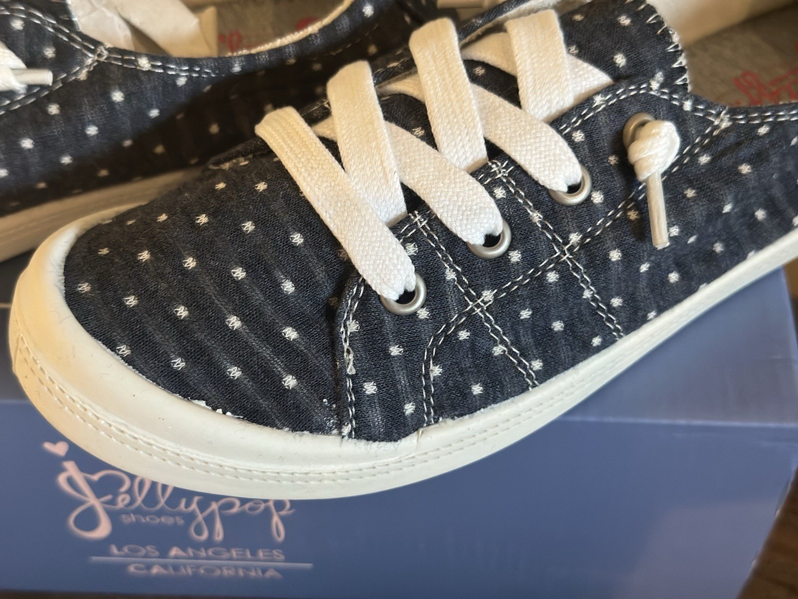 Jellypop Women’s Dallas Sneakers Navy White Polka Dot canvas shoes Size 7.5 M
