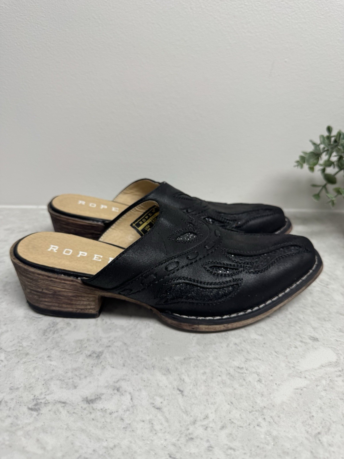 Roper Womens Western Synthetic Snip Toe Black Open Back Mule Shoes Casual 7