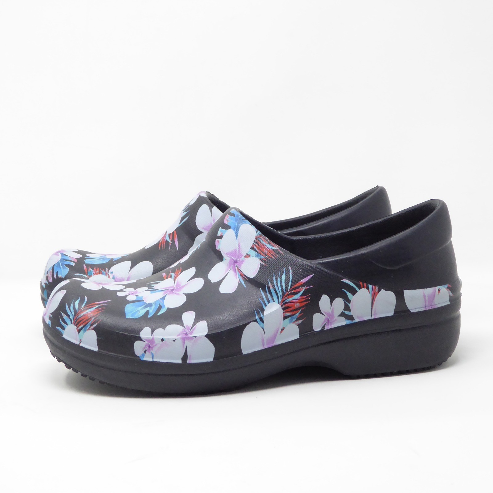 Crocs Neria Pro II Graphic Womens Size 7 Clogs Black Floral Print Slip On