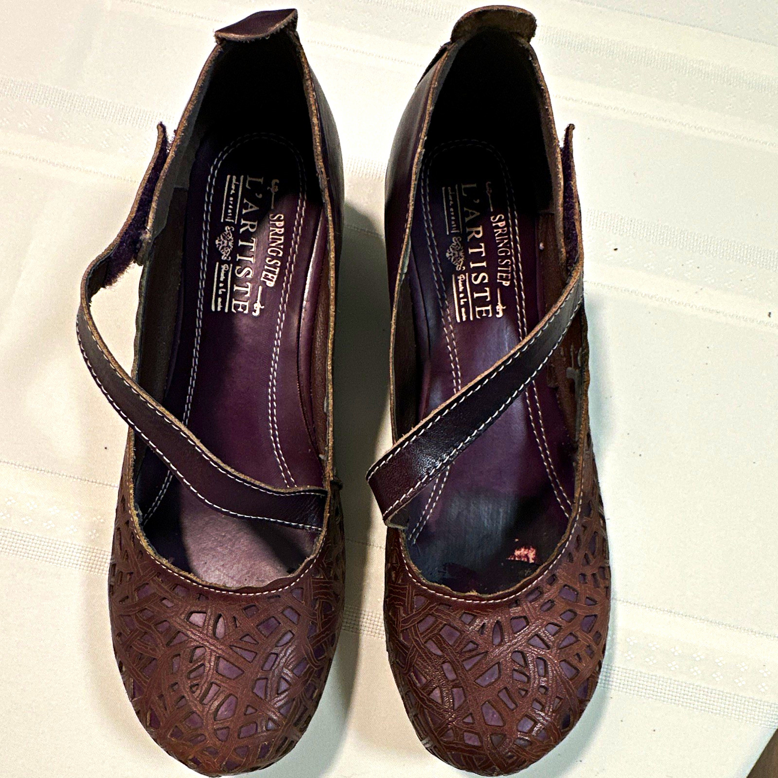 L’Artiste by Spring Step Brown Leather Mary Jane Flats Hook & Loop Wedge EU 41
