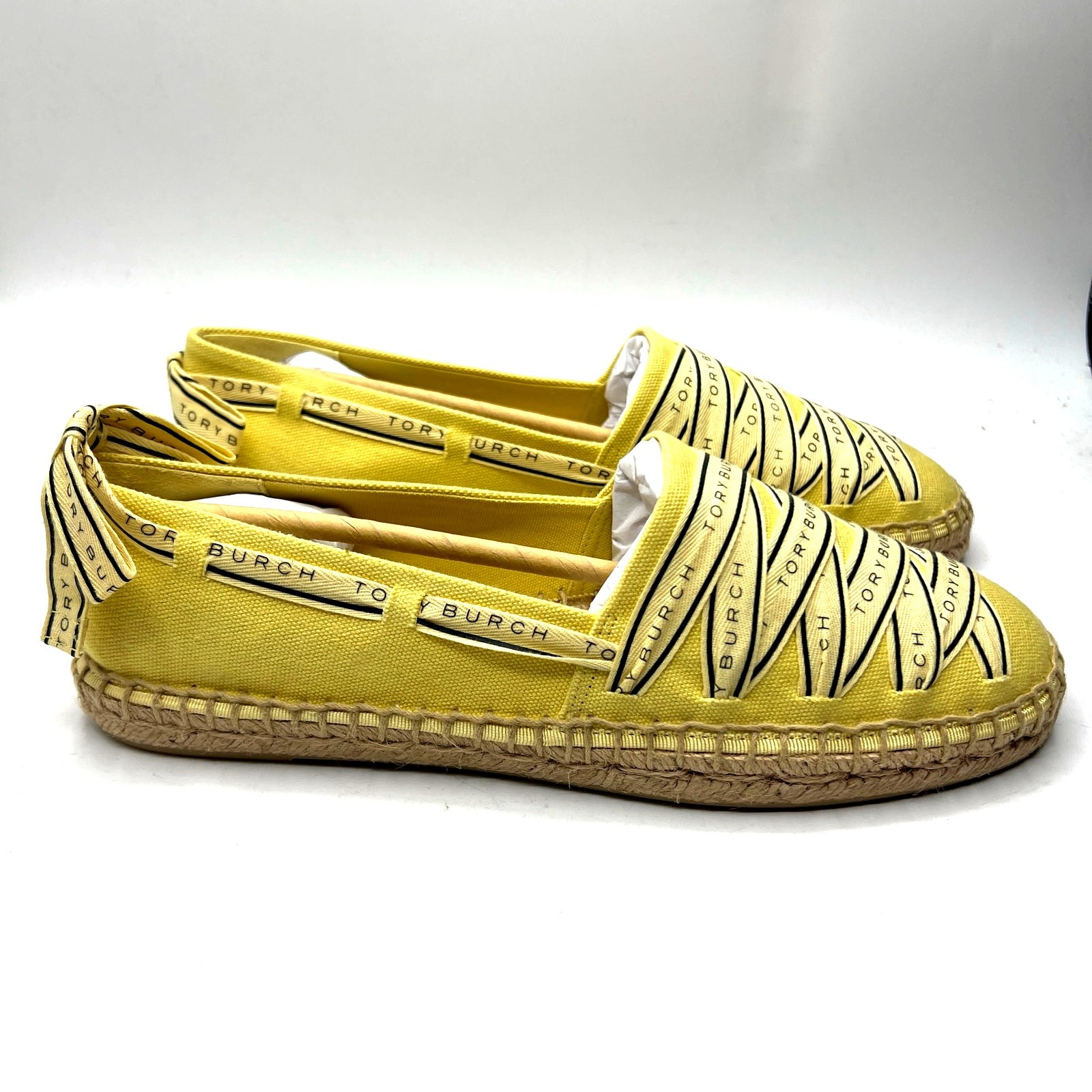Tory Burch Tory Ribbon Espadrille Blonde Straw Dark Seaweed Yellow Size 9 NEW