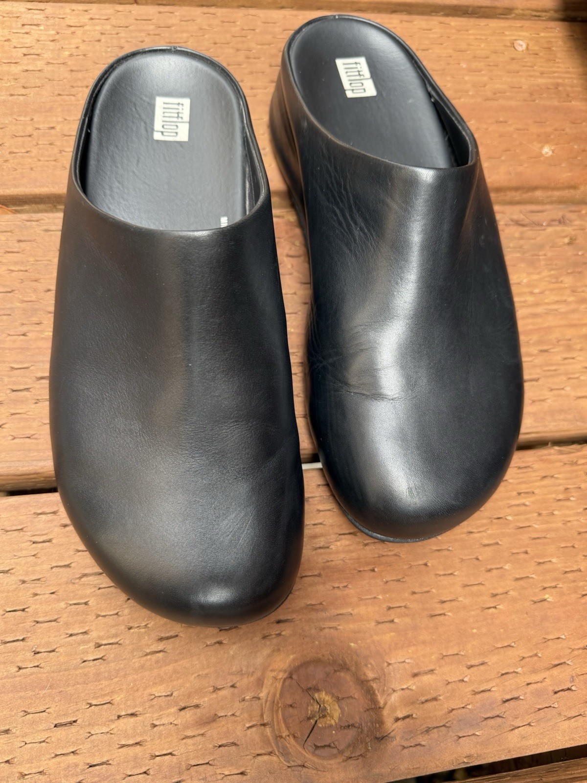 FitFlop Shuv Black Leather Clog Mules Micro Wobbleboard Comfort Walking Size 8