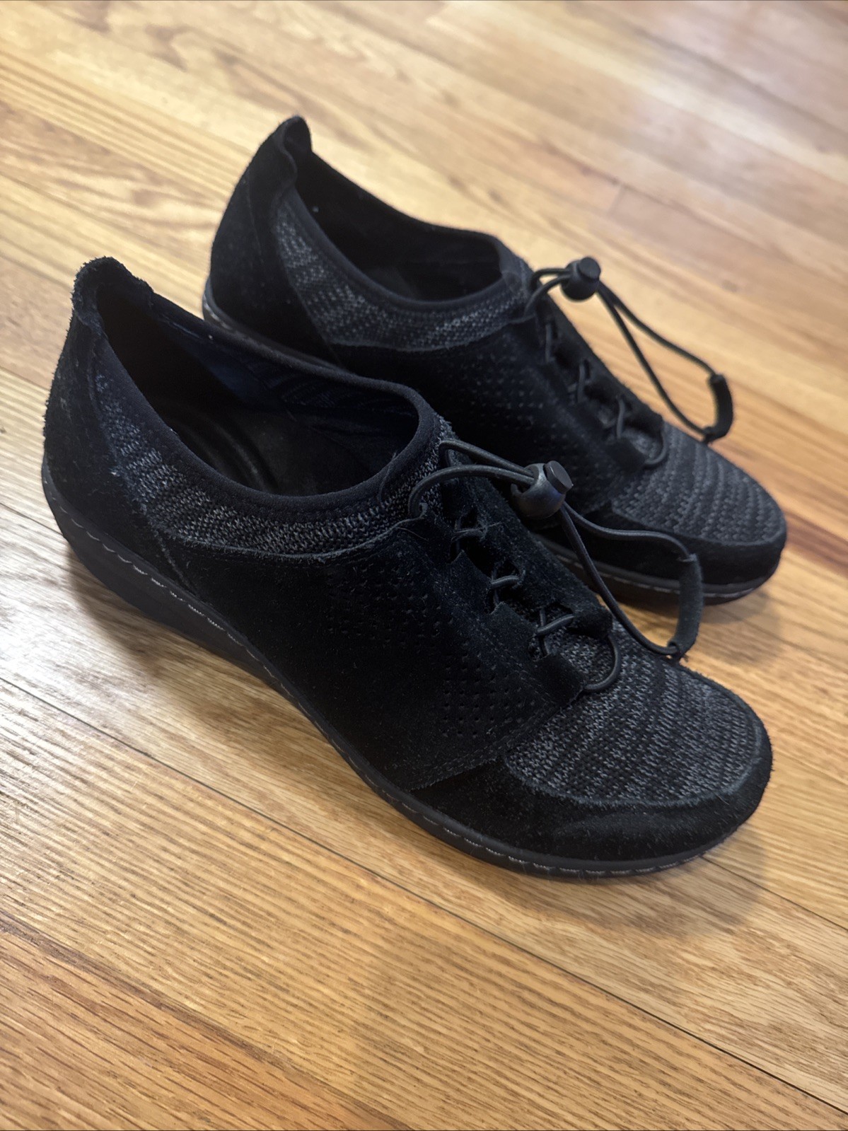 AETREX Gray Leather Cloth Bungie Lace Sneakers Comfort Orthotic Women’s size 8.5
