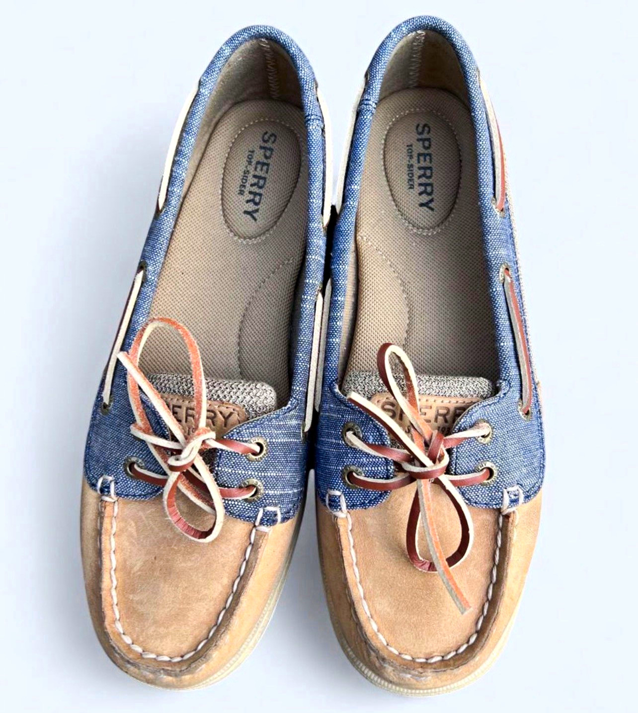 Sperry Top-Sider Women’s Boat Shoes Blue Beige Leather Cushioned 7M STS94479