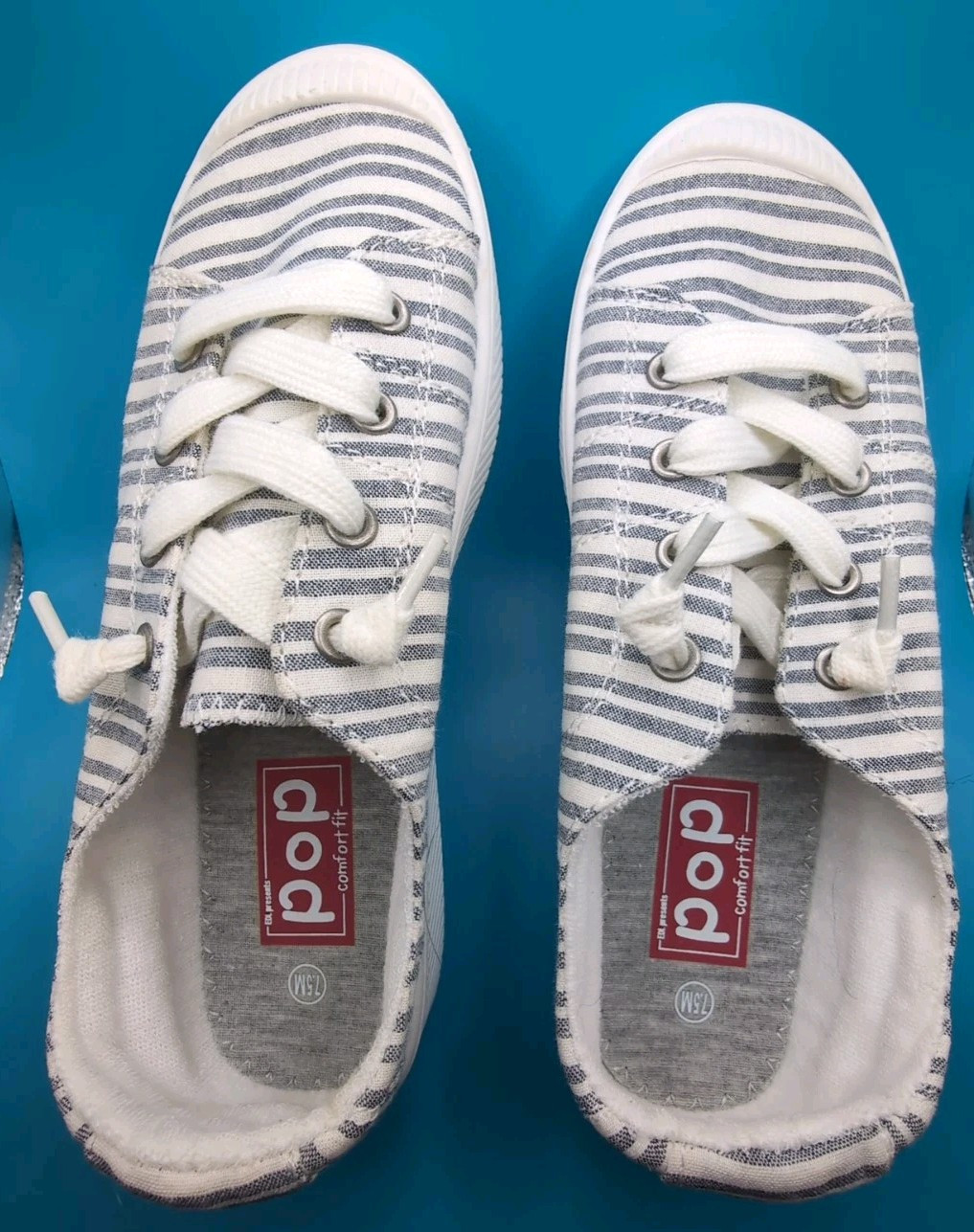 POP Comfort Fit Womens ‘Calm’ Size 7.5M Grey Striped Textile Cloth Sneakers