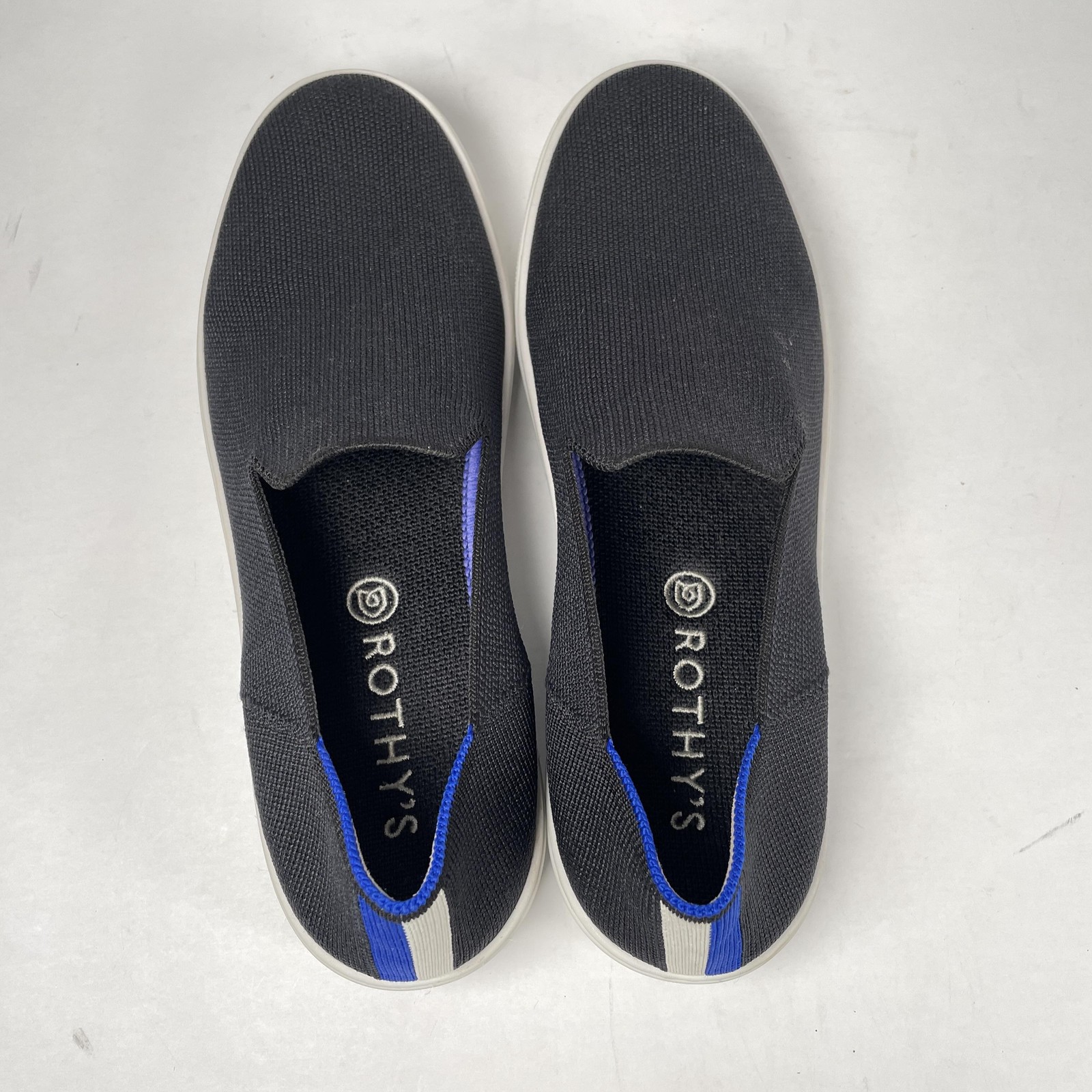 Rothy’s Shoes Womens Size 9 Black White Blue Slip On Sneakers Sustainable Knit