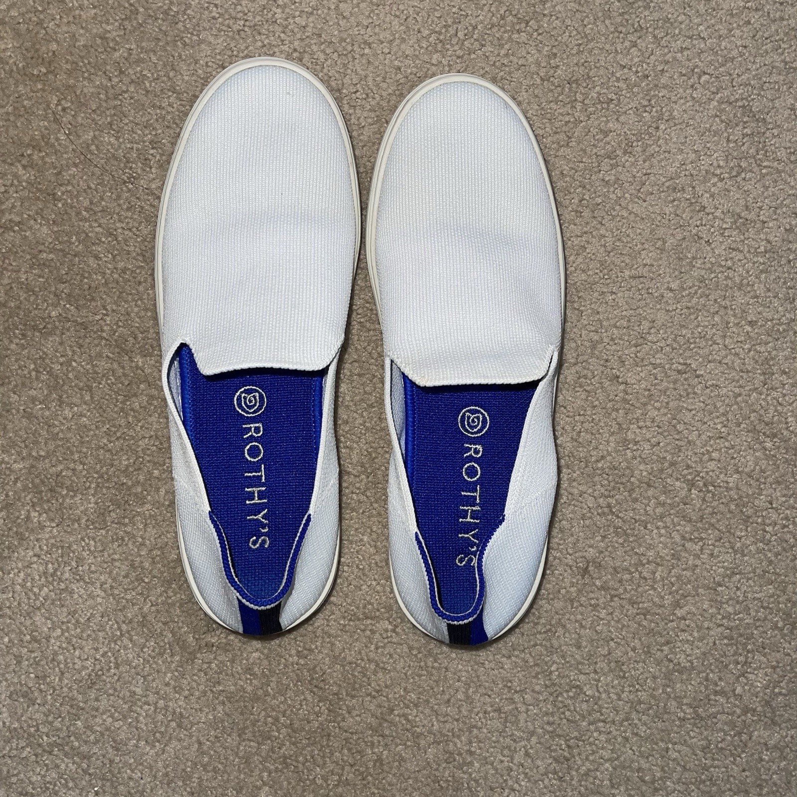 Rothy’s White Slip On Sneakers Blue Stripe Knit Sustainable Size 8.5