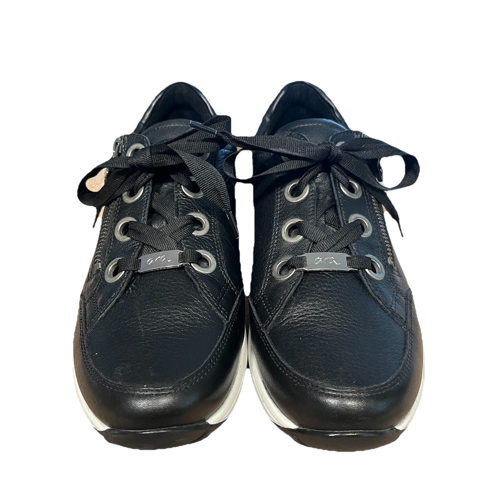 ARA Ollie High Soft Black Leather Women Sz 6.5 Comfort Tie/Zip Sneaker Excellent