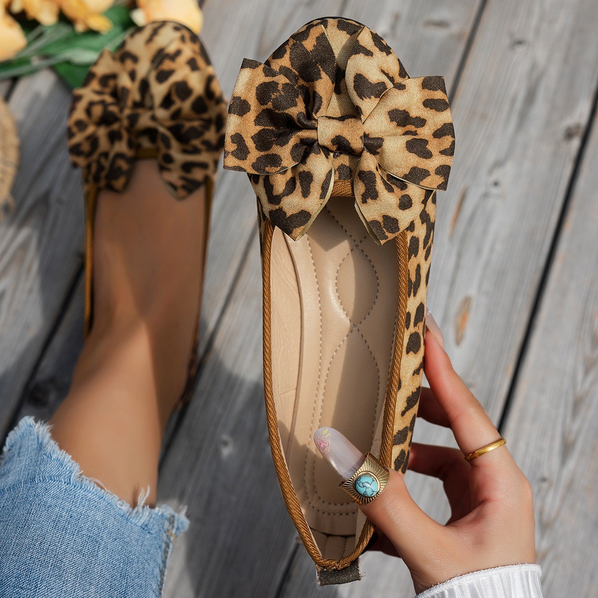 Ballet Leopard Print Flat Low Top Shoes Women Bow Low Cut Breathable Four Season