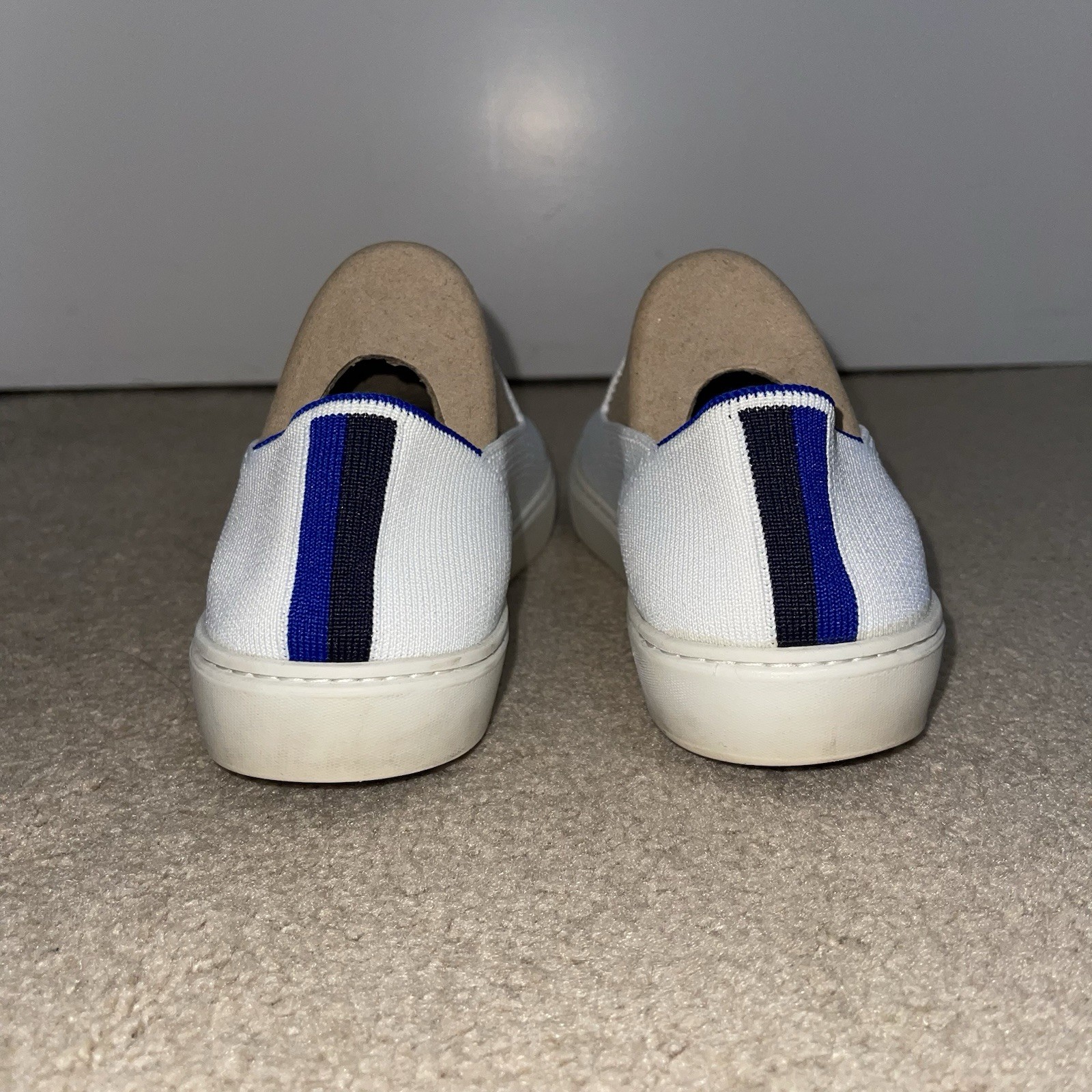 Rothy’s White Slip On Sneakers Blue Stripe Knit Sustainable Size 8.5