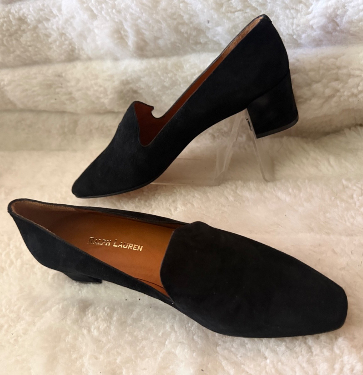 RALPH LAURED SIZE 6.5 Black Suede Covered Block Heel JADA Slip On Almond Toe