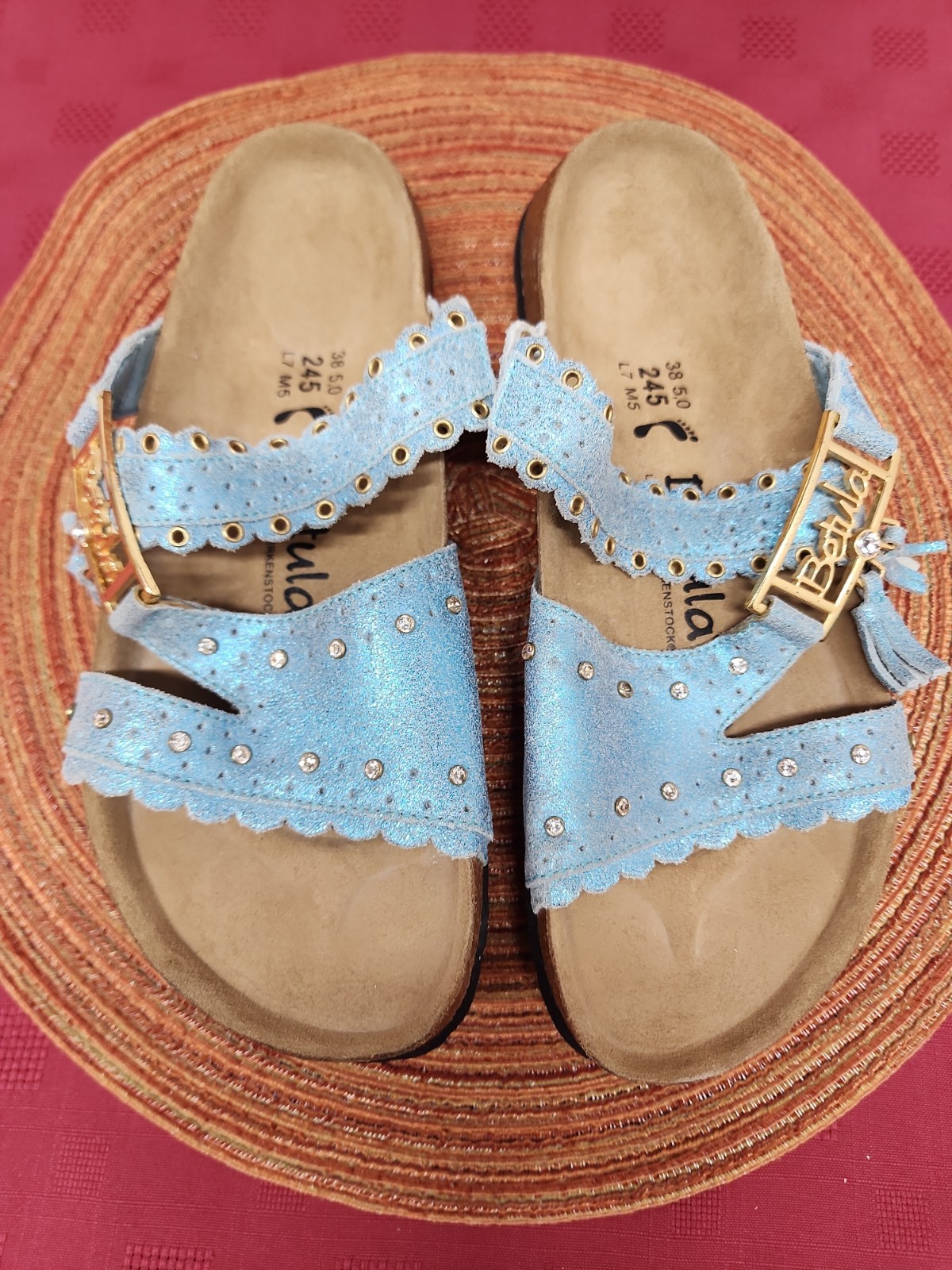 NWOB Birkenstock Betula Metallic Blue Bedazzled Distressed Leather Sandal US7