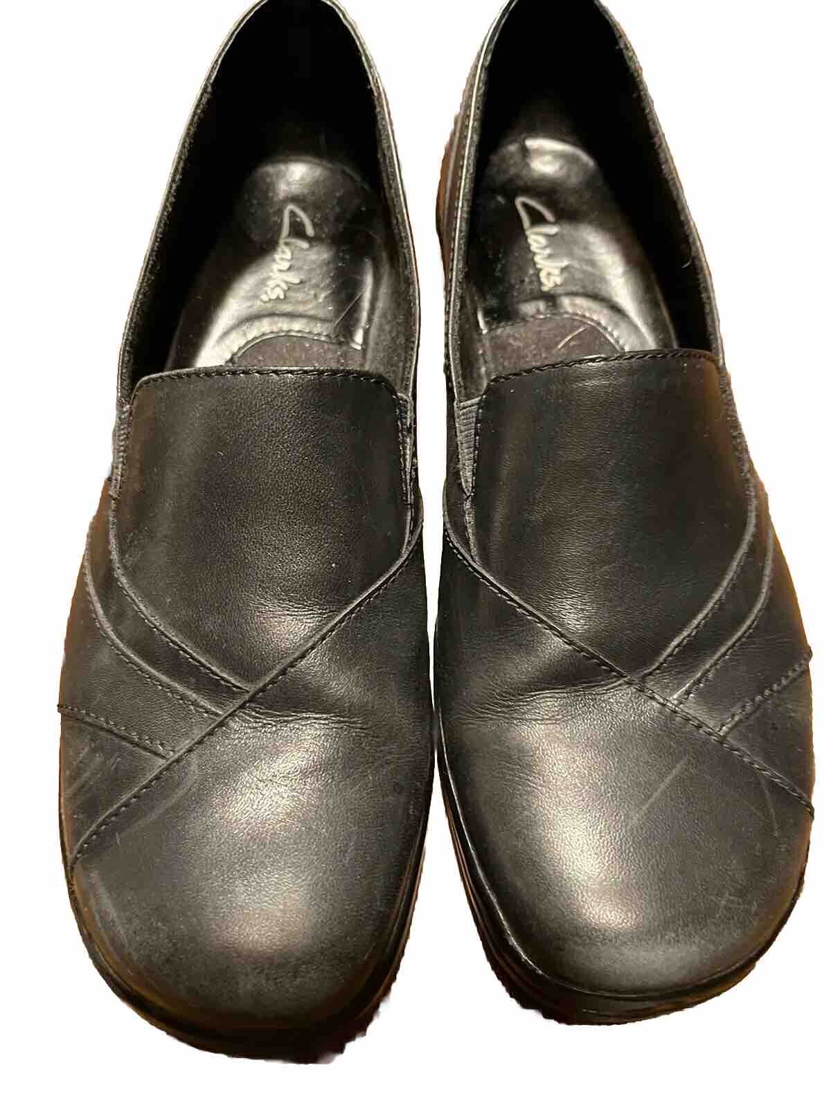 Clarks Womens 7.5 Black Smooth Leather Slip-on Loafer 84613 Career Comfort