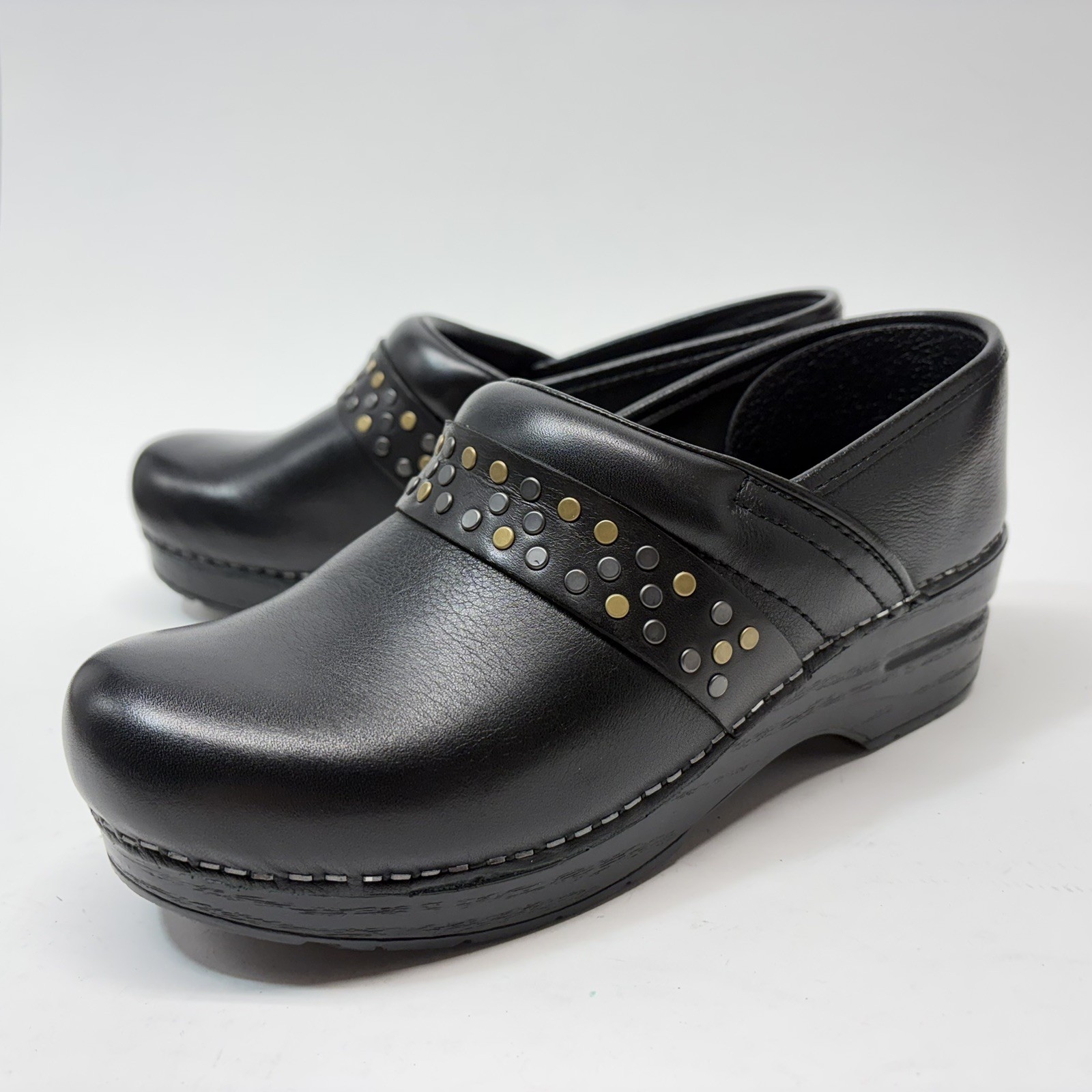 Dansko Pavan Clogs Black Leather Studded Strap Comfort Shoes Walking Size 38