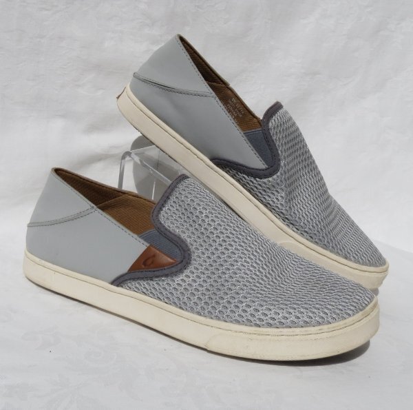 $100 OLUKAI Pehuea US Women’s sz 39.5 9.5 Tapa Gray Slip On Sneakers Shoes Mesh