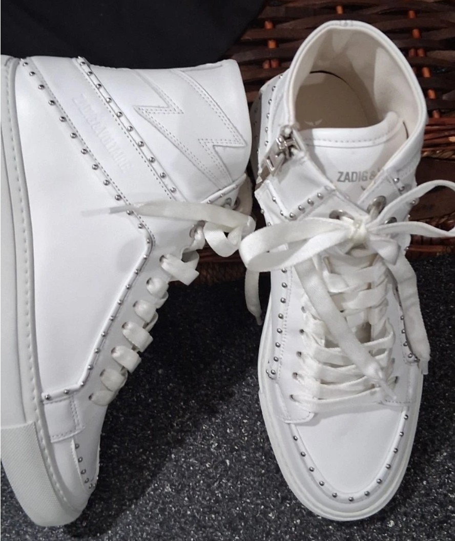 Zadig & Voltaire Designer Studded Hi Top Sneakers White Leather Womens 8 8.5