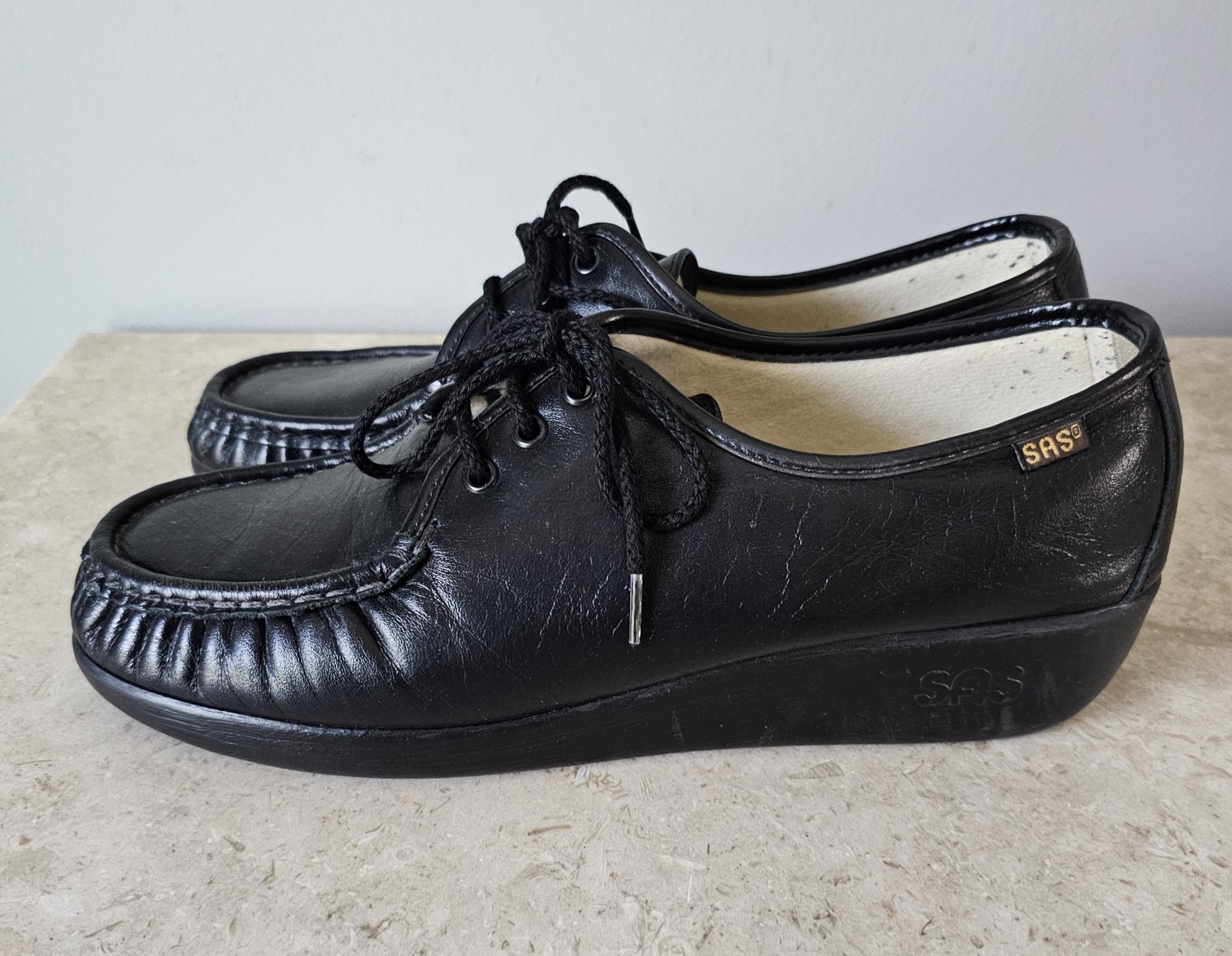 SAS Siesta Moc Toe Shoes Womens Size 11 M Black Leather Comfort Hand Sewn USA