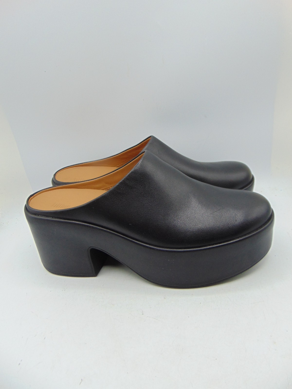 FITFLOP Pilar Black Leather Platform Block Heel Slip On clogs Mule Sz 8 NEW